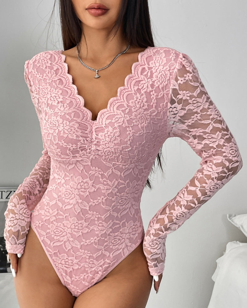 Floral Lace Sheer Long Sleeve Bodysuit V Neck Slim Fit Thong Body Shaper  - By Qivii