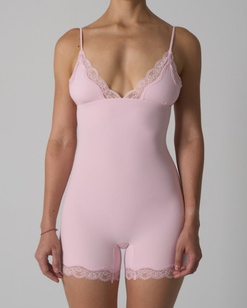 Triangle Cup Seamless Suspenders Shapewear Bodysuit With Lace Trim  - By Qivii