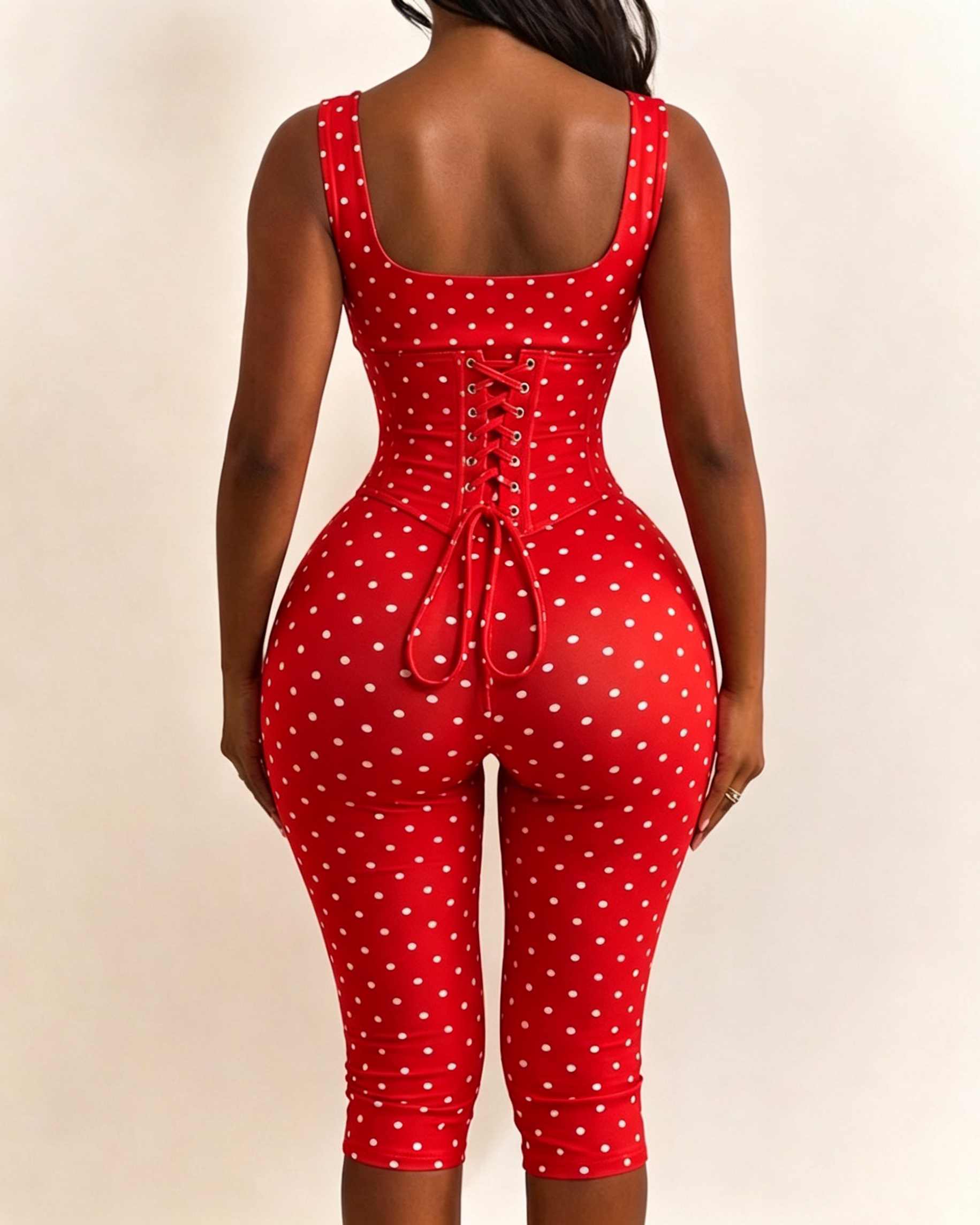 Polka Dot Square Neck Capri Jumpsuit with Hourglass Detachable Corset Two-Piece Set  - By Qivii