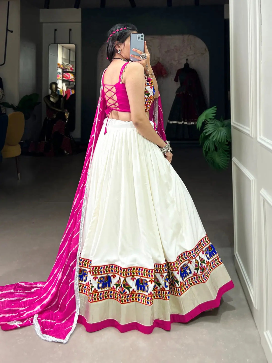 White Elegant Gamthi Work Lehenga and Leheriya Dupatta for Navratri