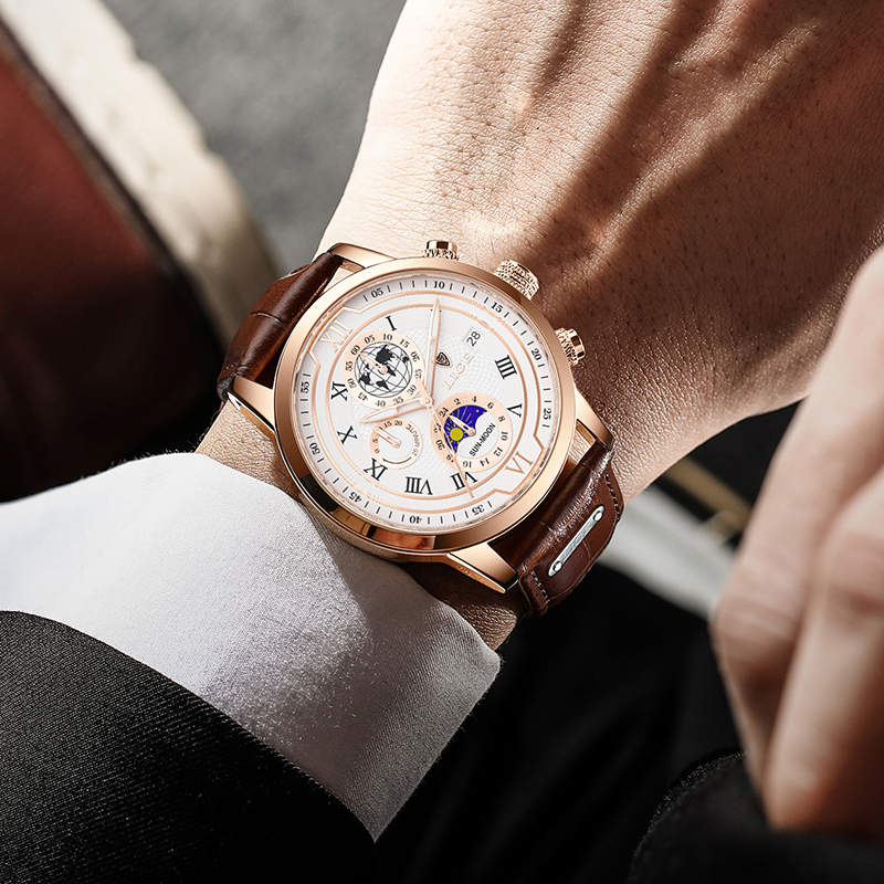 Luxe Chronograaf Horloge met Echt Leren Band  - By Qivii