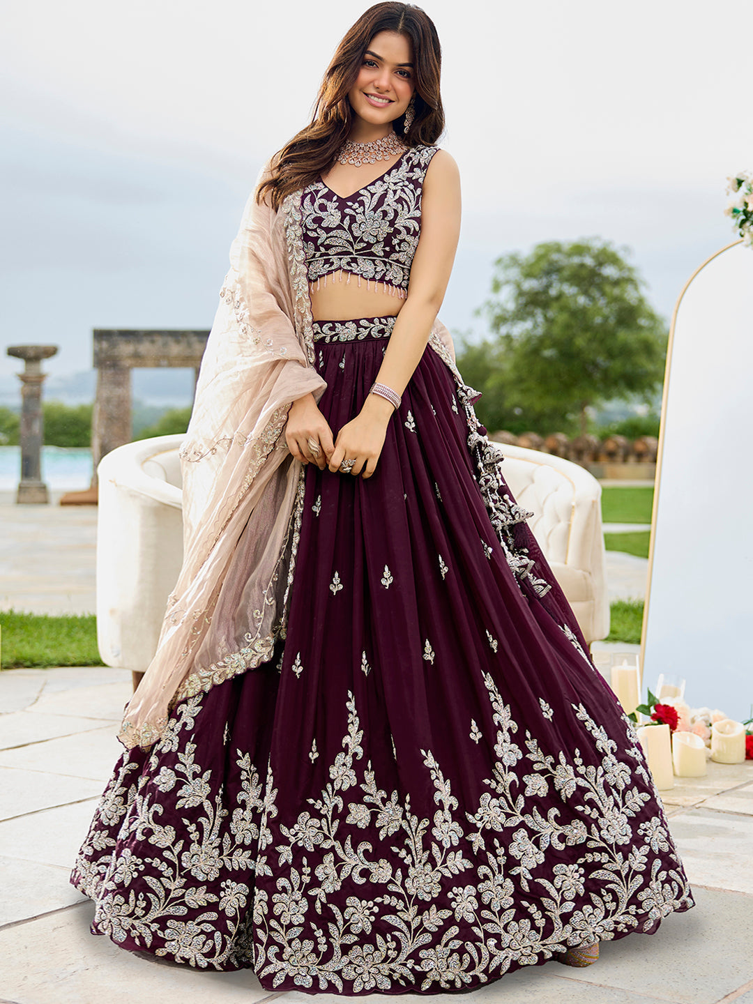 Wine - Satin Silk Fabric Beads & Sequince Embroidered Ready to Wear Lehenga Choli & Dupatta