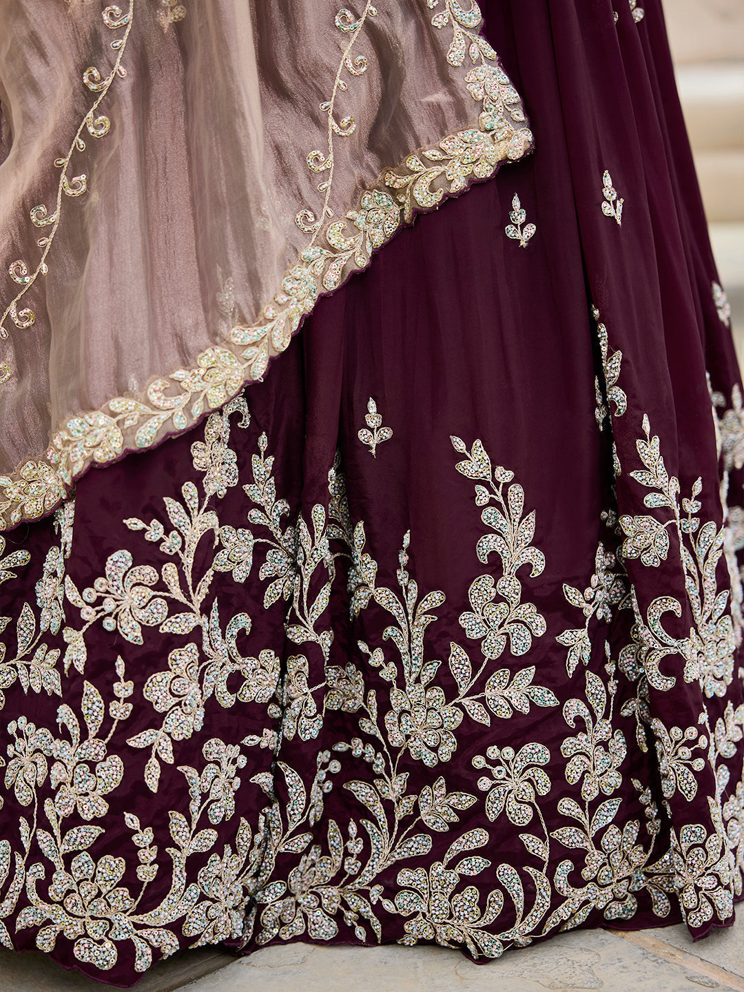 Wine - Satin Silk Fabric Beads & Sequince Embroidered Ready to Wear Lehenga Choli & Dupatta