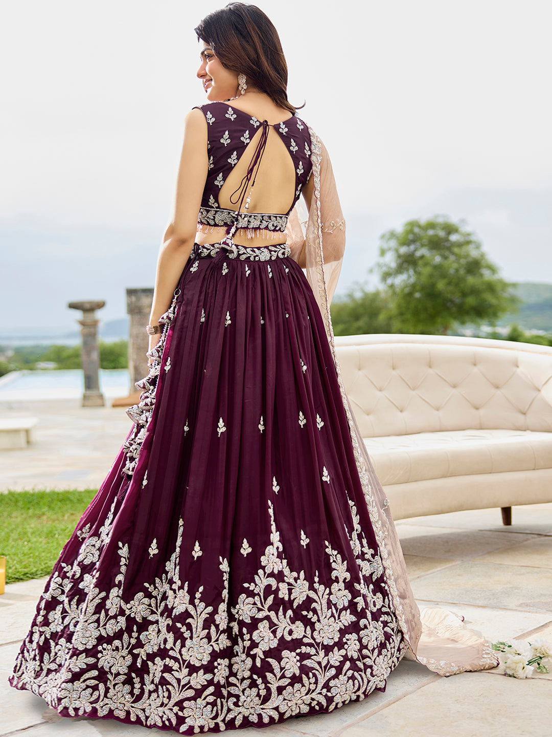 Wine - Satin Silk Fabric Beads & Sequince Embroidered Ready to Wear Lehenga Choli & Dupatta