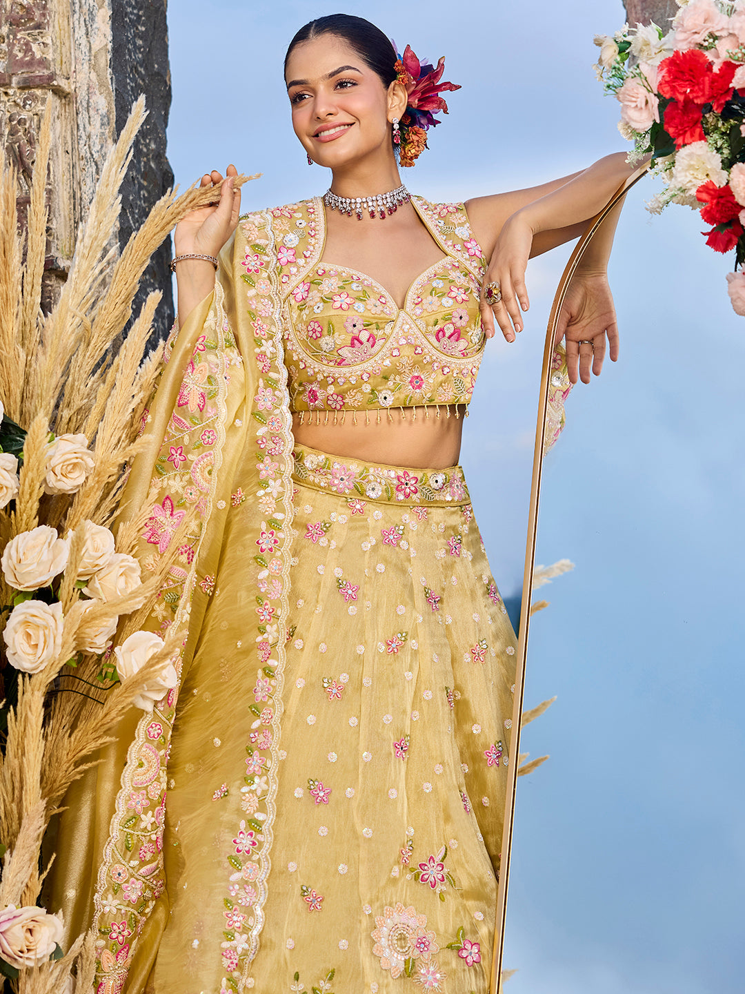 Yellow - Tissue Fabric Sequince Embroidered Ready to Wear Lehenga Choli & Dupatta
