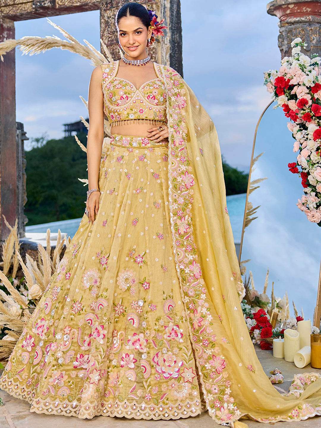 Yellow - Tissue Fabric Sequince Embroidered Ready to Wear Lehenga Choli & Dupatta