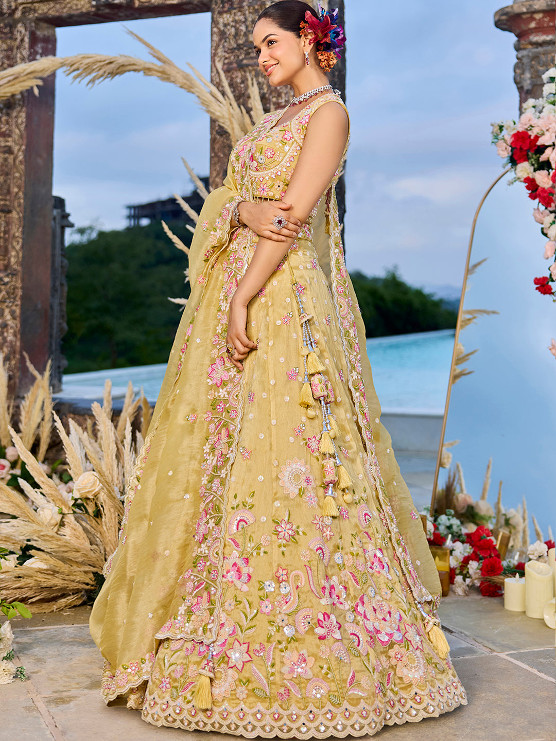 Yellow - Tissue Fabric Sequince Embroidered Ready to Wear Lehenga Choli & Dupatta