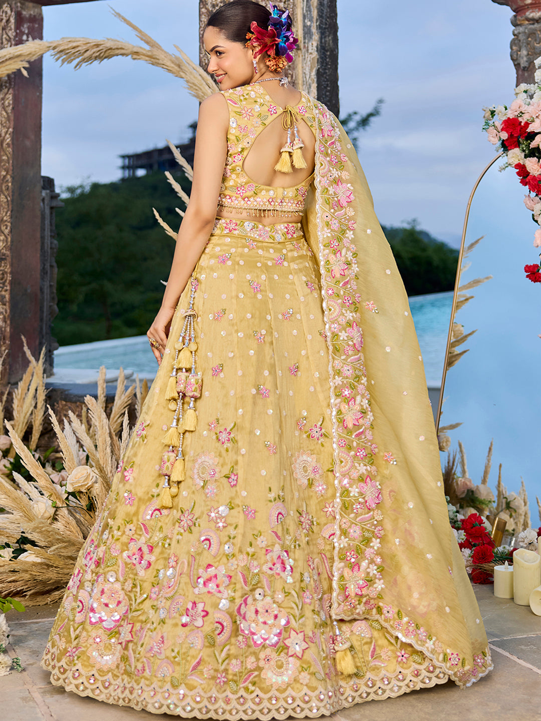 Yellow - Tissue Fabric Sequince Embroidered Ready to Wear Lehenga Choli & Dupatta