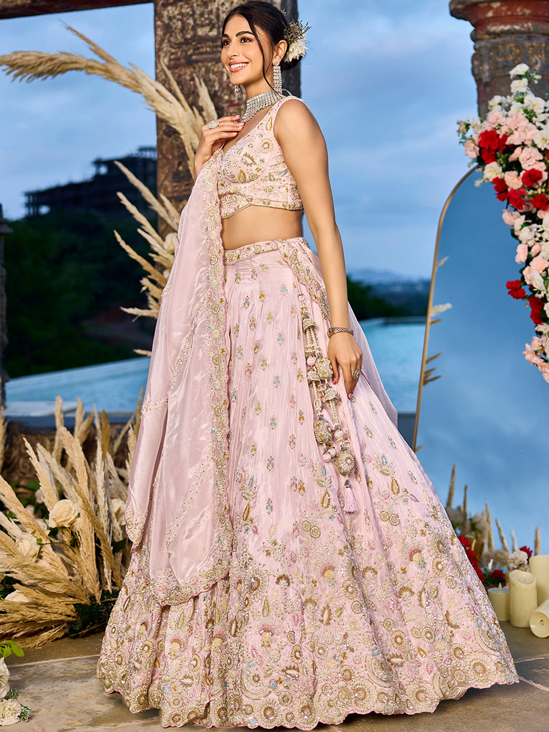 Pink - Tissue Fabric Beads & Sequince Embroidered Ready to Wear Lehenga Choli & Dupatta