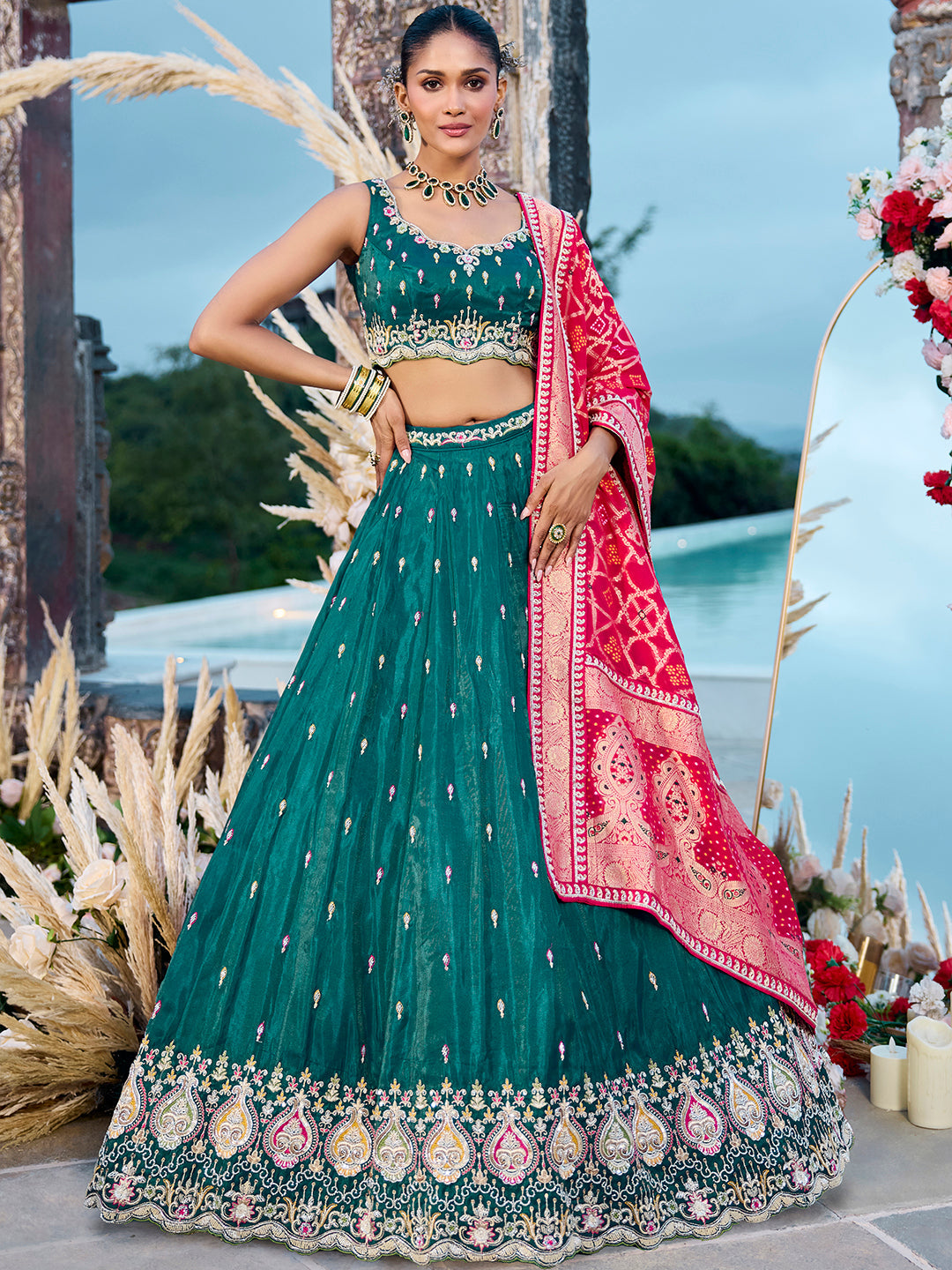 Green- Cosmos Silk Fabric Beads & Sequince Embroidered Semi-Stitched Lehenga Unstitched Blouse & Dupatta - qivii