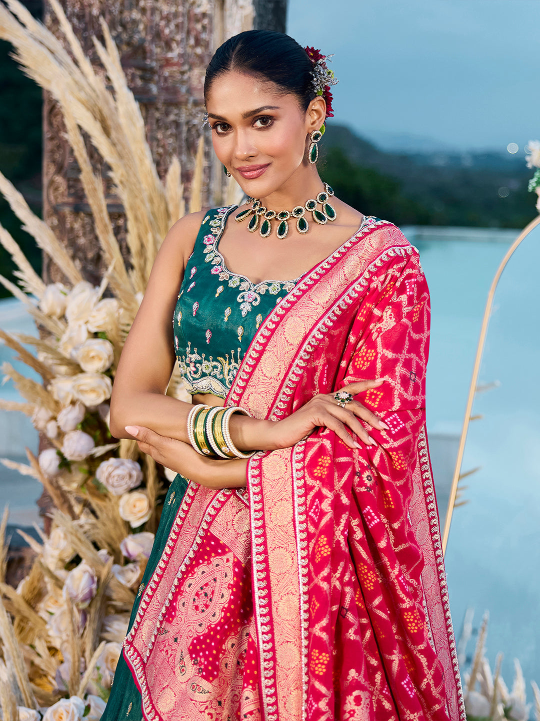 Green- Cosmos Silk Fabric Beads & Sequince Embroidered Semi-Stitched Lehenga Unstitched Blouse & Dupatta - qivii