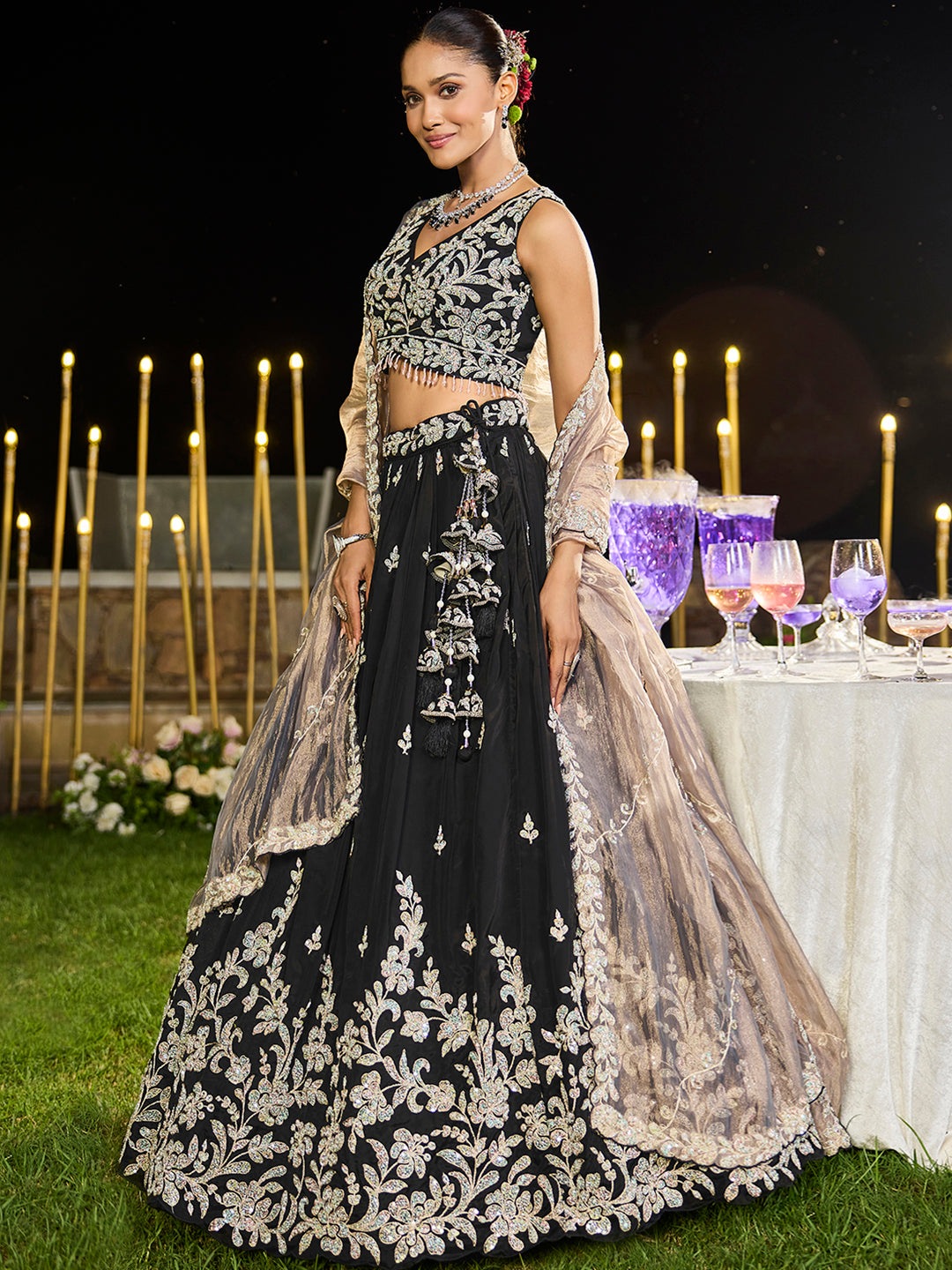 Black - Satin Silk Fabric Beads & Sequince Embroidered Ready to Wear Lehenga Choli & Dupatta