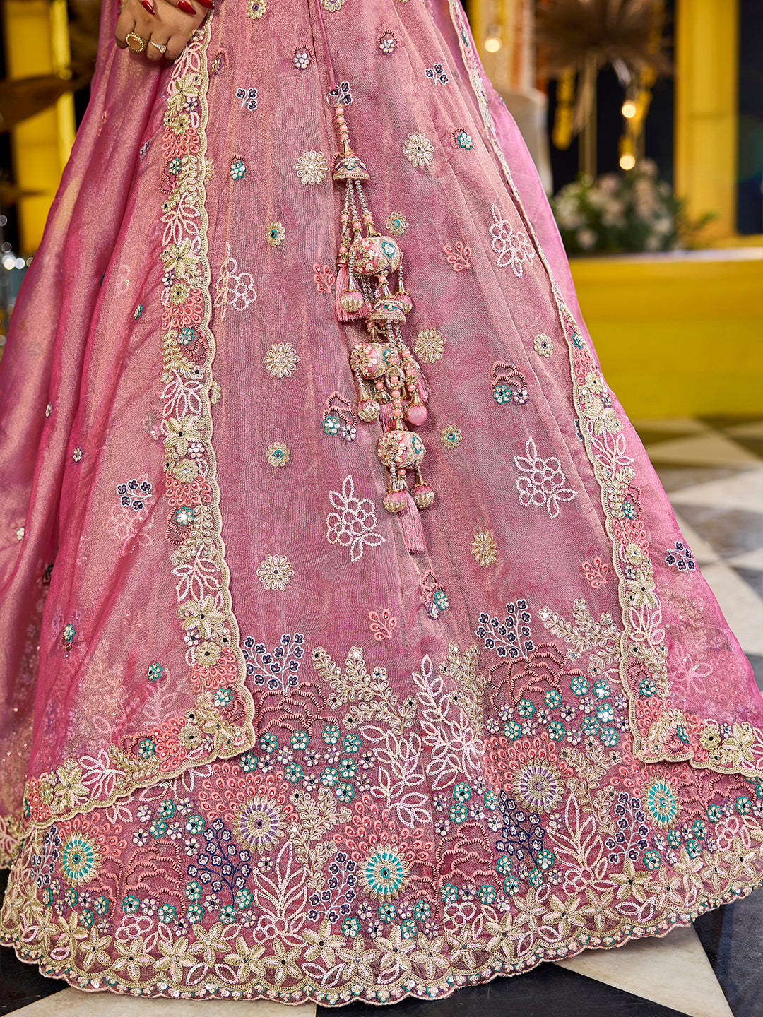 PINK - Satin Silk Fabric Sequined Embroidered Ready to Wear Lehenga Choli & Dupatta