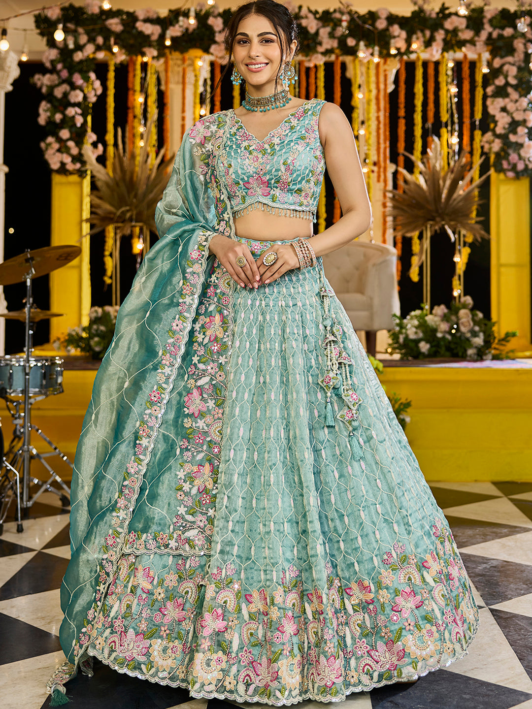 LIMEGREEN - Satin Silk Fabric Sequinned Embroidered Ready to Wear Lehenga Choli & Dupatta
