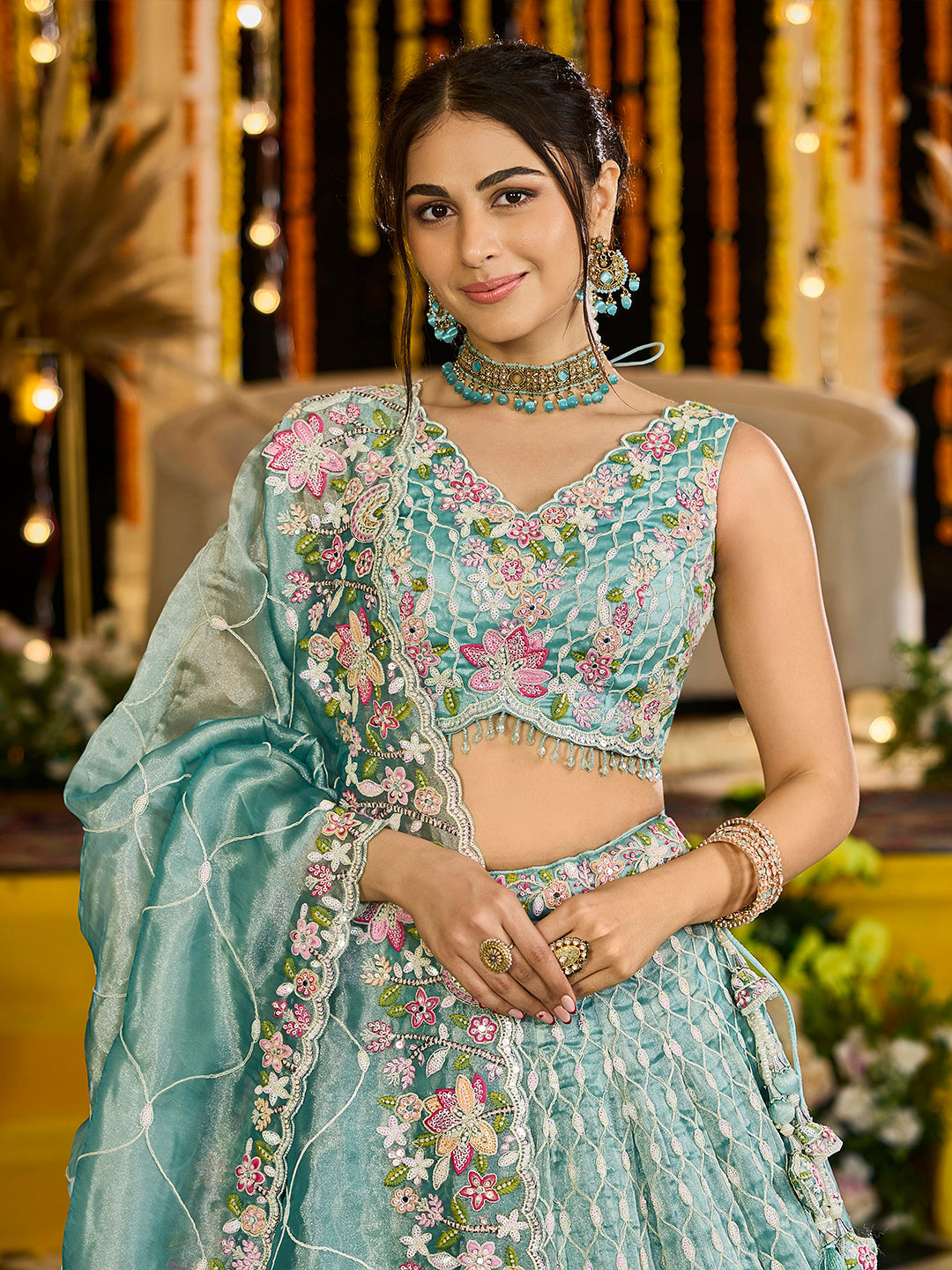 LIMEGREEN - Satin Silk Fabric Sequinned Embroidered Ready to Wear Lehenga Choli & Dupatta