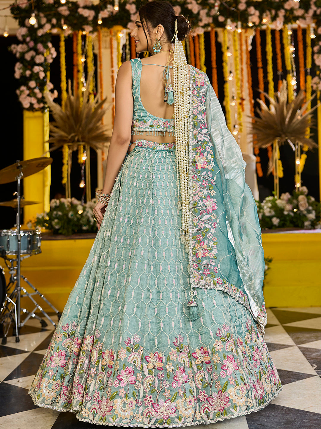 LIMEGREEN - Satin Silk Fabric Sequinned Embroidered Ready to Wear Lehenga Choli & Dupatta