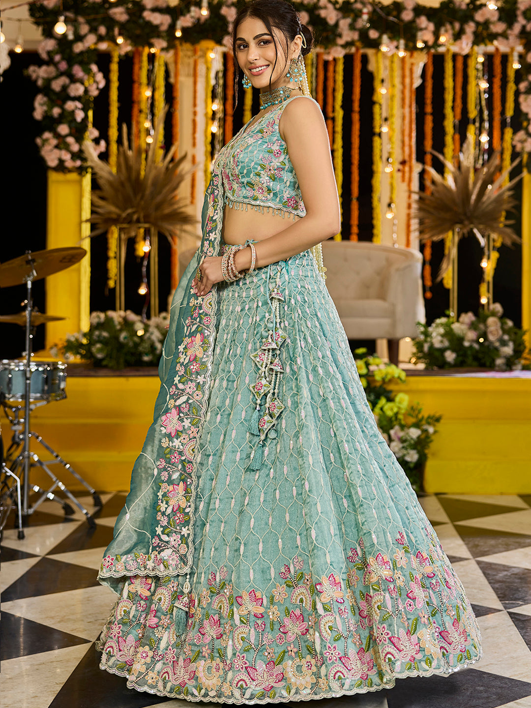 LIMEGREEN - Satin Silk Fabric Sequinned Embroidered Ready to Wear Lehenga Choli & Dupatta