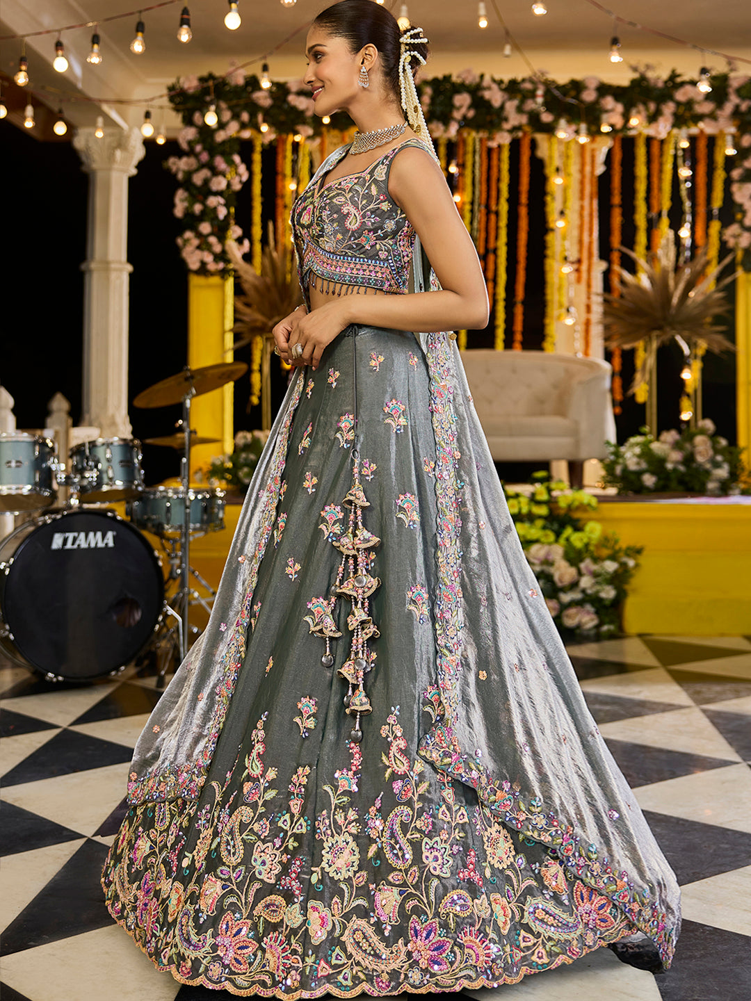 GREEN - Tissue Fabric Sequinned Embroidered Ready to Wear Lehenga Choli & Dupatta