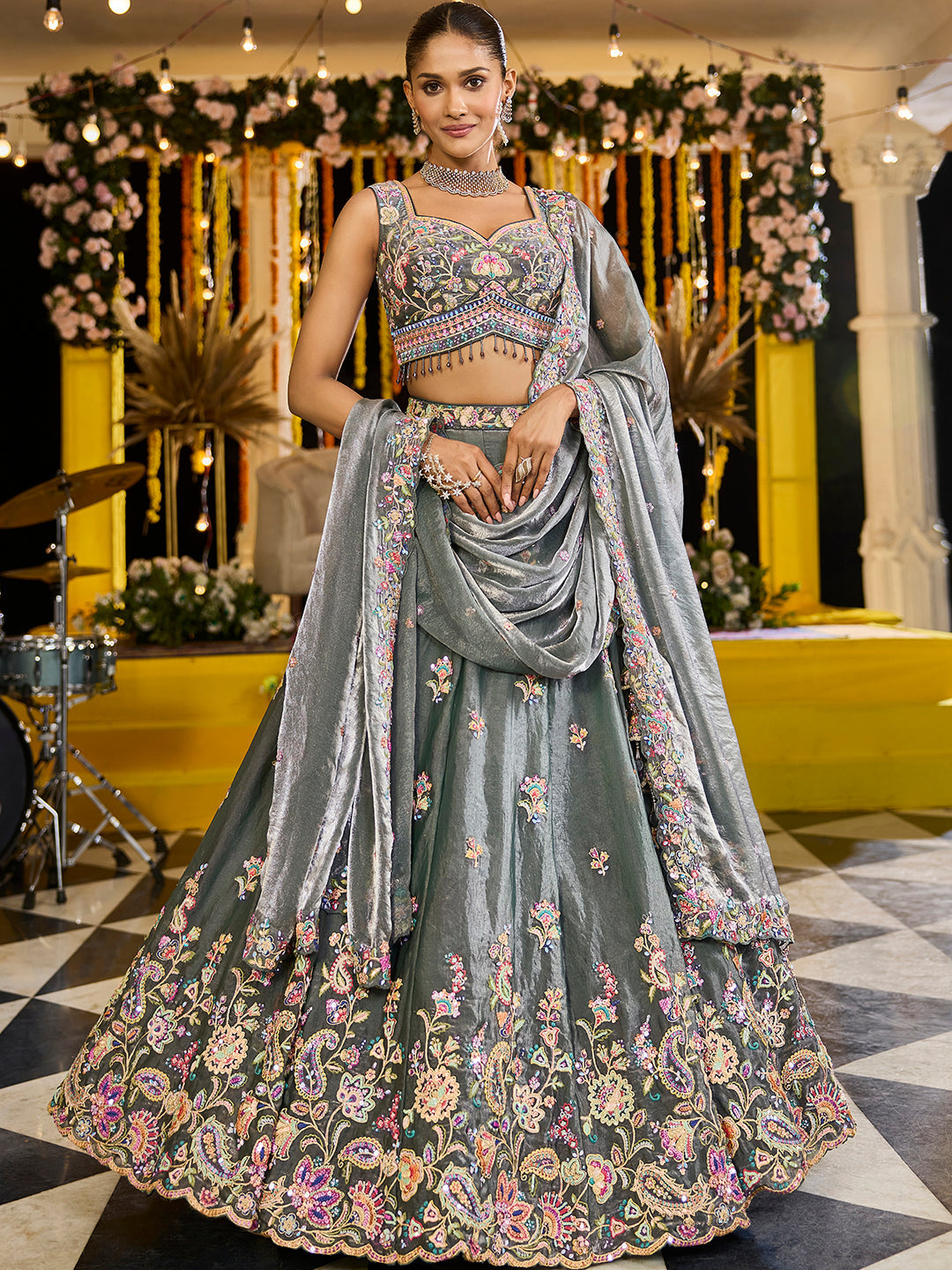 GREEN - Tissue Fabric Sequinned Embroidered Ready to Wear Lehenga Choli & Dupatta