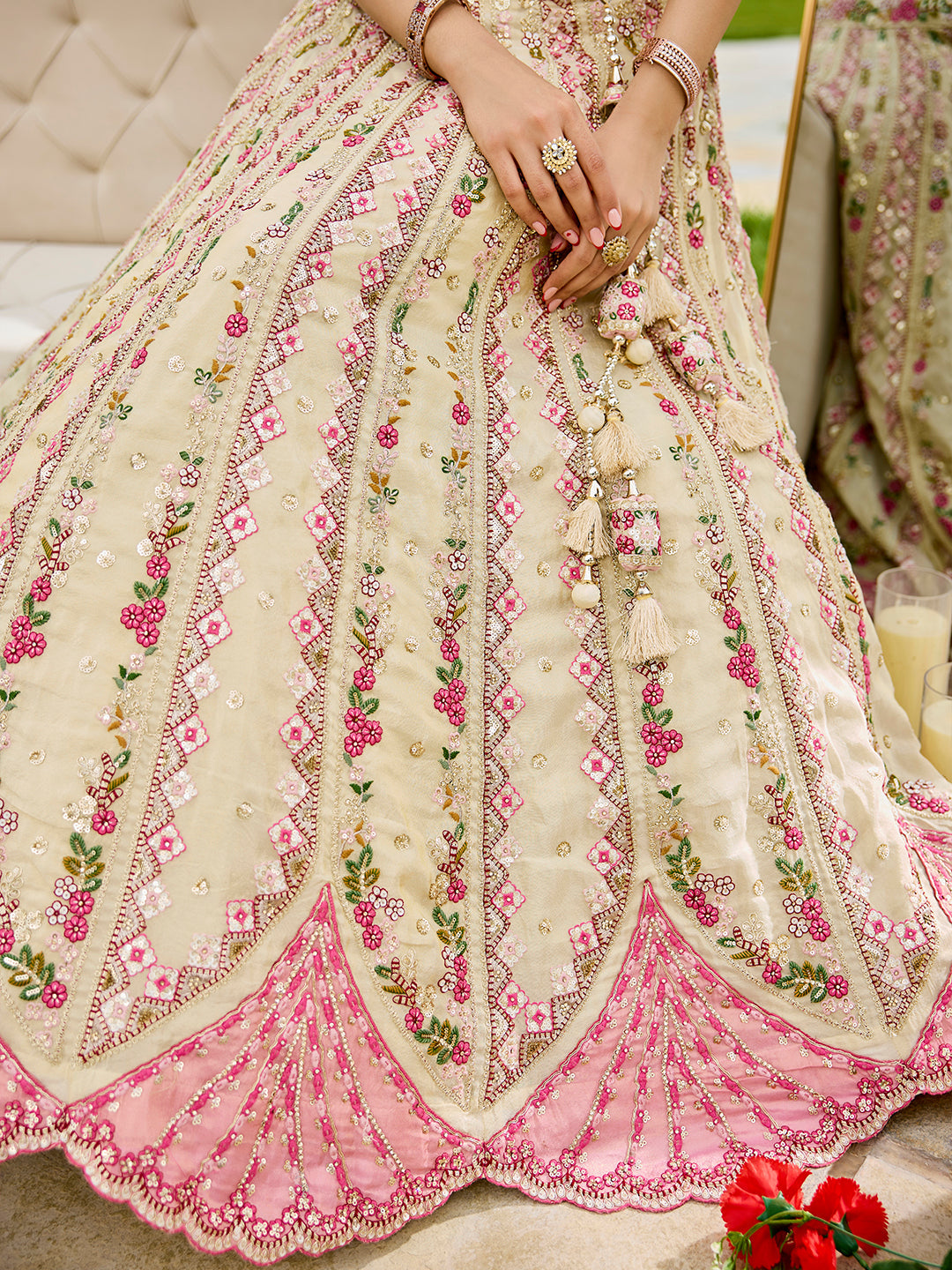 Cream- Tissue Fabric Sequins embroidery Semi-Stitched Lehenga & Unstitched Blouse With Dupatta - qivii