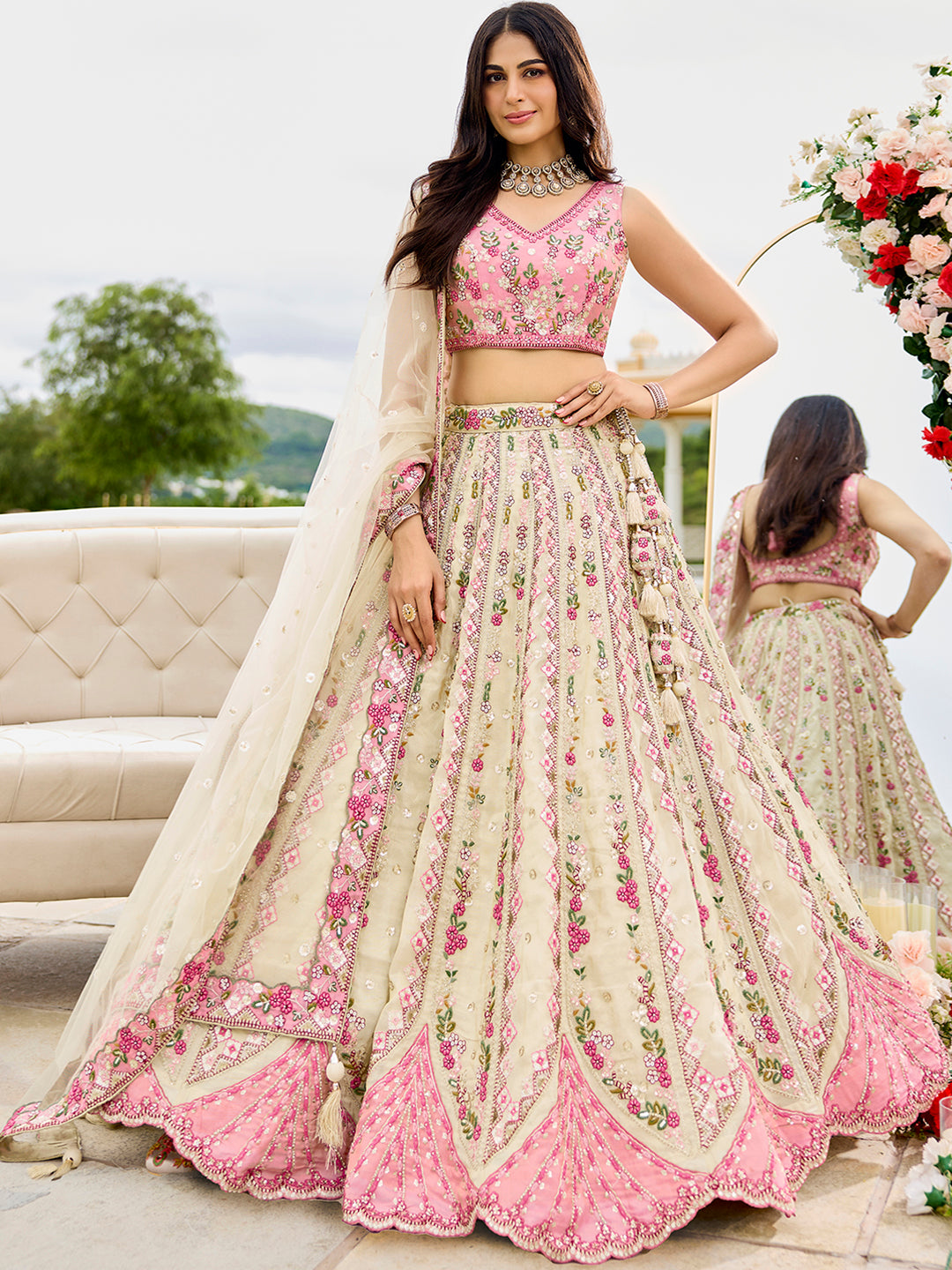 Cream- Tissue Fabric Sequins embroidery Semi-Stitched Lehenga & Unstitched Blouse With Dupatta - qivii