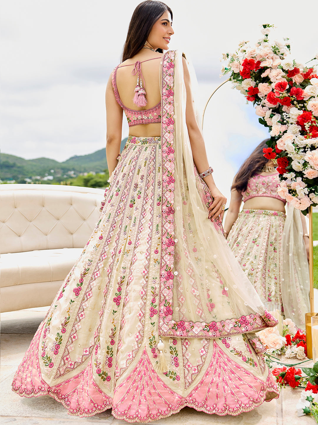Cream- Tissue Fabric Sequins embroidery Semi-Stitched Lehenga & Unstitched Blouse With Dupatta - qivii