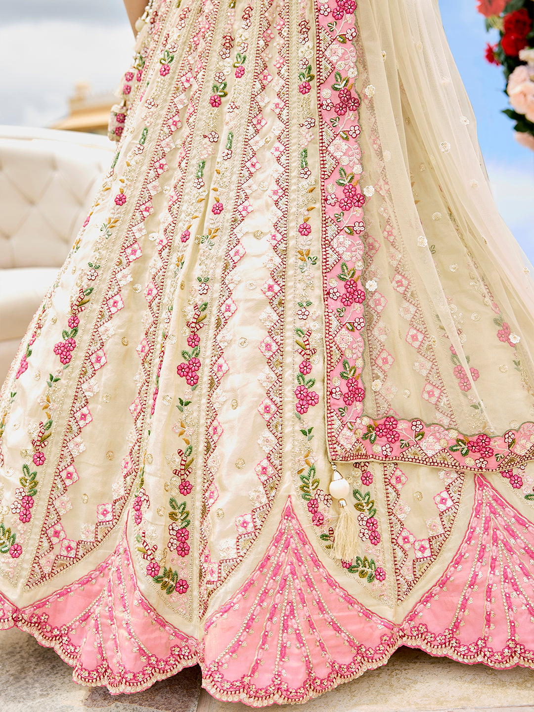 Cream- Tissue Fabric Sequins embroidery Semi-Stitched Lehenga & Unstitched Blouse With Dupatta - qivii