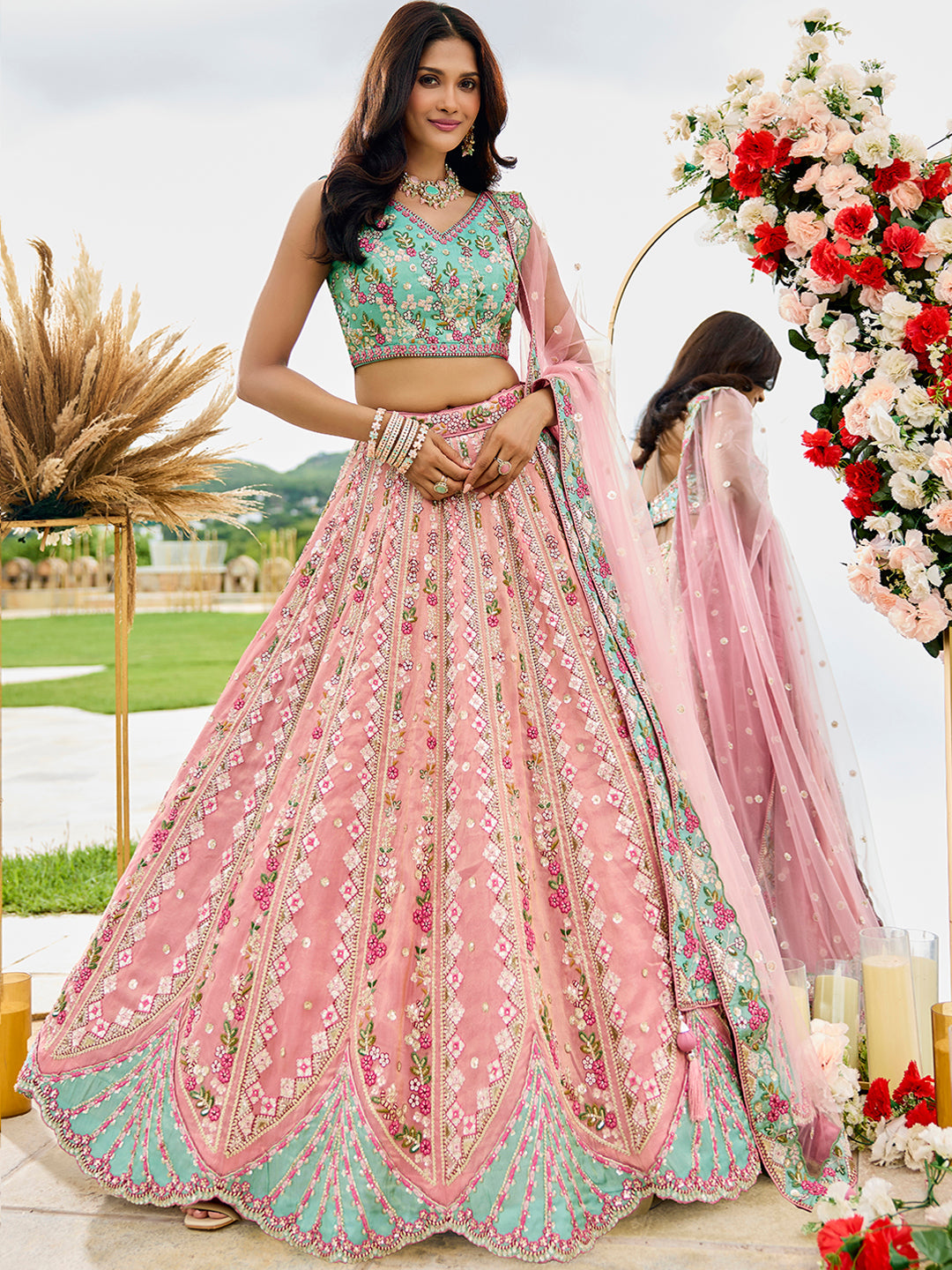 Pink- Tissue Fabric Sequins embroidery Semi-Stitched Lehenga & Unstitched Blouse With Dupatta - qivii