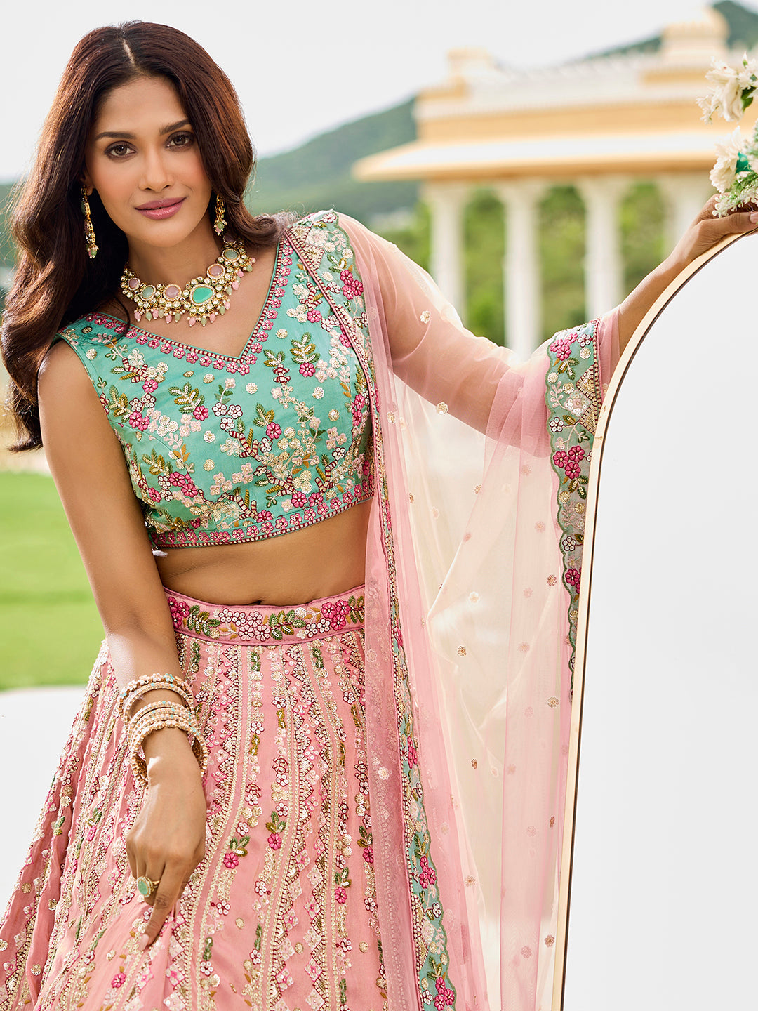 Pink- Tissue Fabric Sequins embroidery Semi-Stitched Lehenga & Unstitched Blouse With Dupatta - qivii
