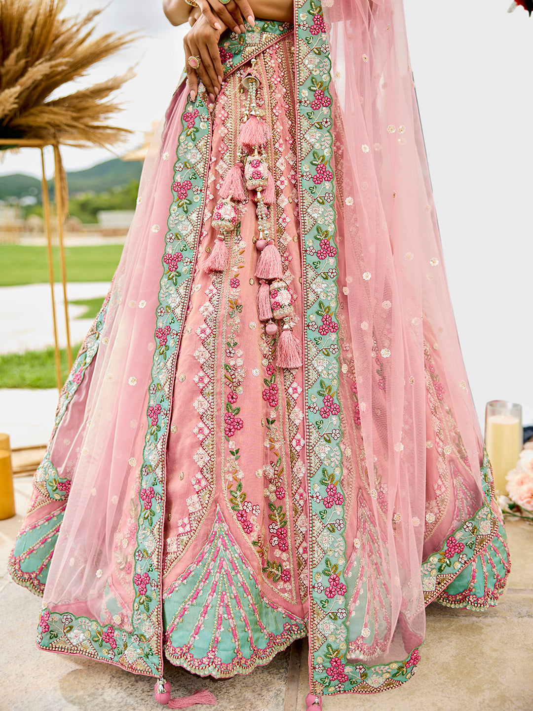 Pink- Tissue Fabric Sequins embroidery Semi-Stitched Lehenga & Unstitched Blouse With Dupatta - qivii