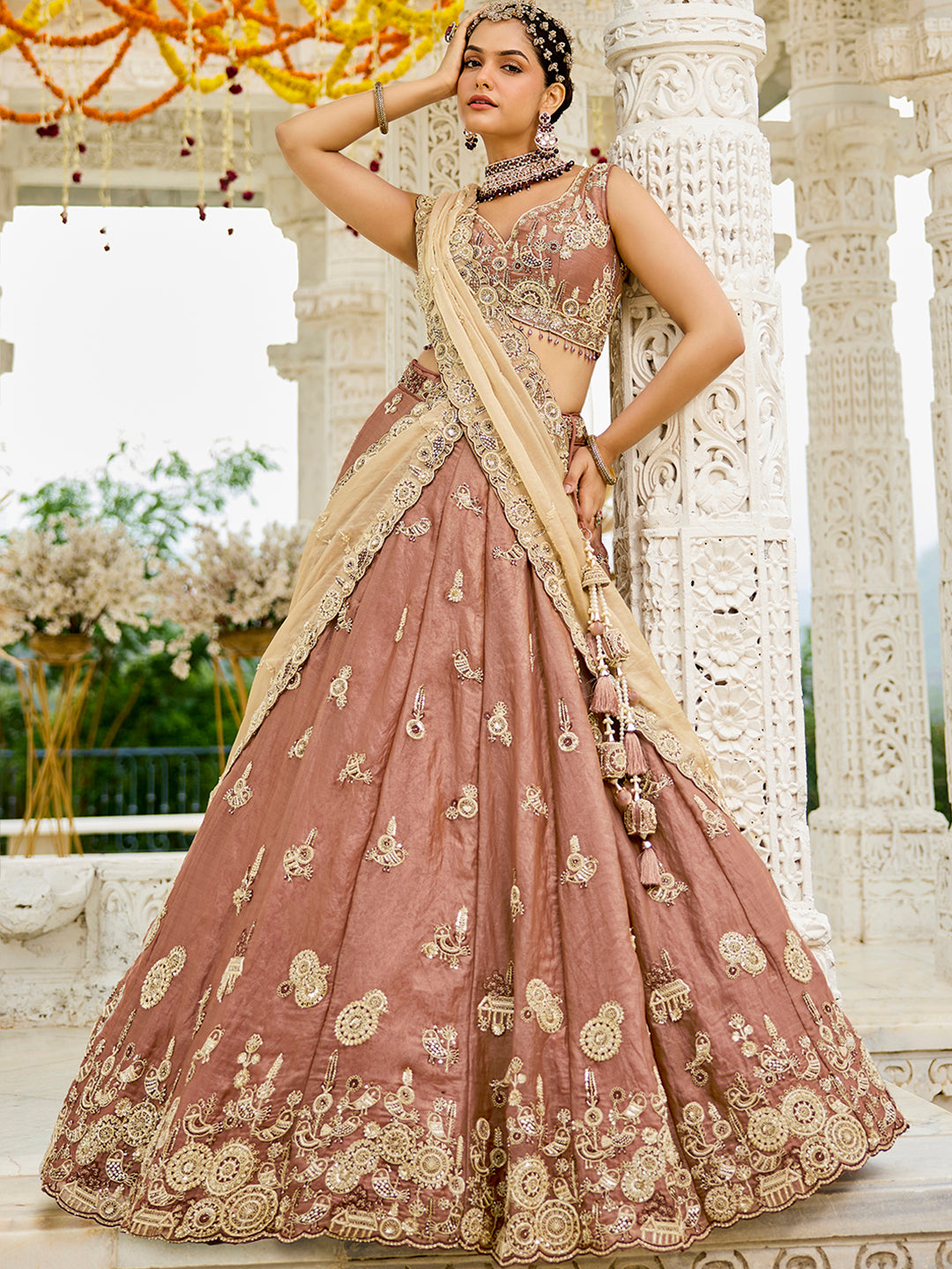 Beige - Tissue Fabric Beads & Sequince Embroidered Ready to Wear Lehenga Choli & Dupatta