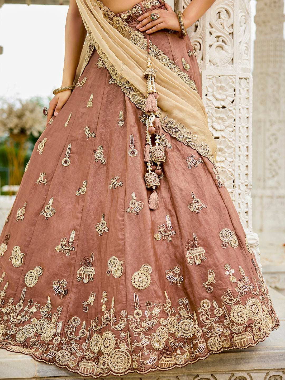 Beige - Tissue Fabric Beads & Sequince Embroidered Ready to Wear Lehenga Choli & Dupatta
