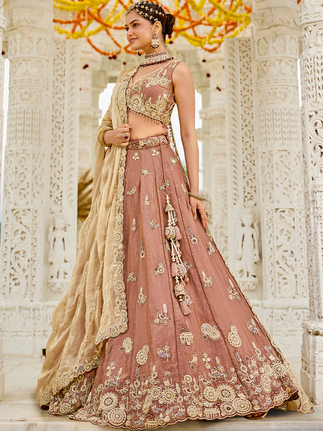 Beige - Tissue Fabric Beads & Sequince Embroidered Ready to Wear Lehenga Choli & Dupatta