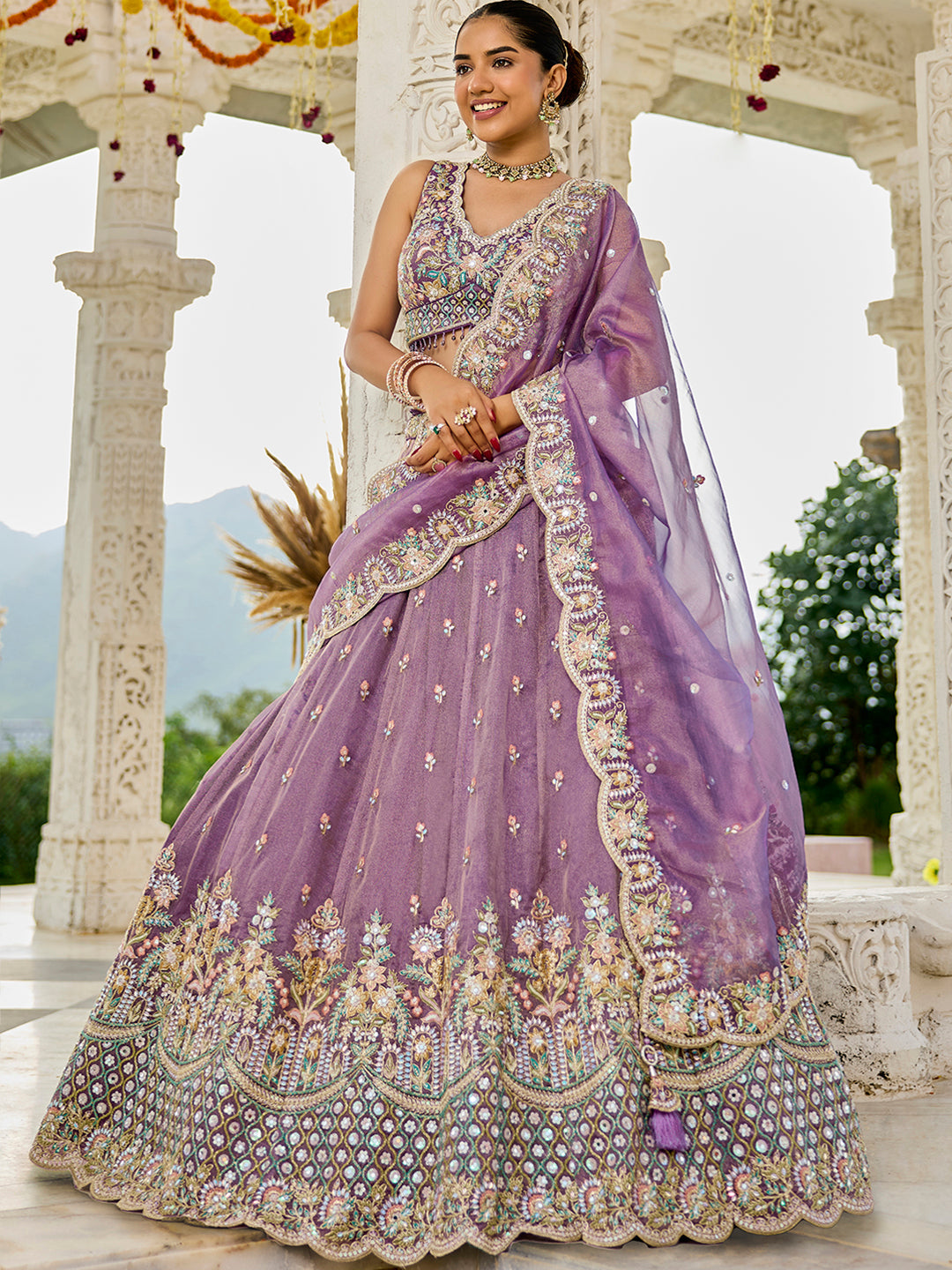 Purple - Satin Silk Fabric Sequinned Embroidered Ready to Wear Lehenga Choli & Dupatta