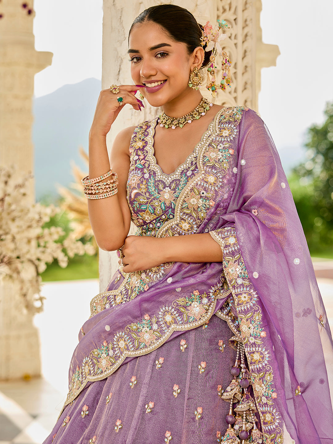 Purple - Satin Silk Fabric Sequinned Embroidered Ready to Wear Lehenga Choli & Dupatta
