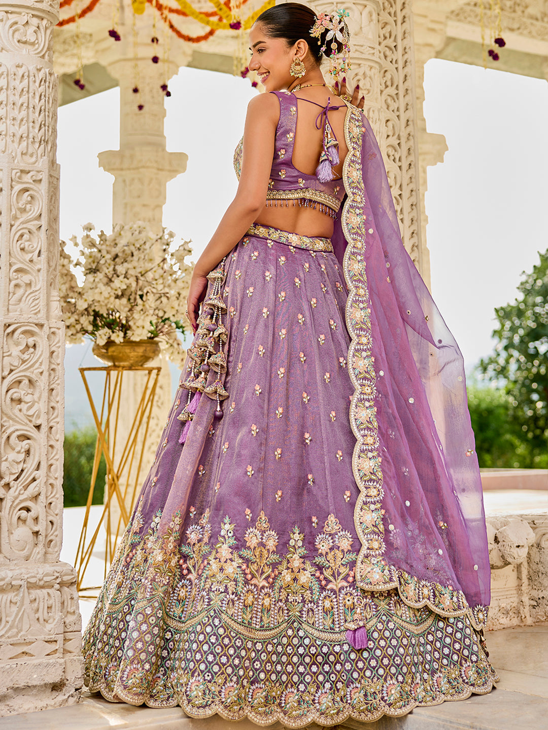 Purple - Satin Silk Fabric Sequinned Embroidered Ready to Wear Lehenga Choli & Dupatta