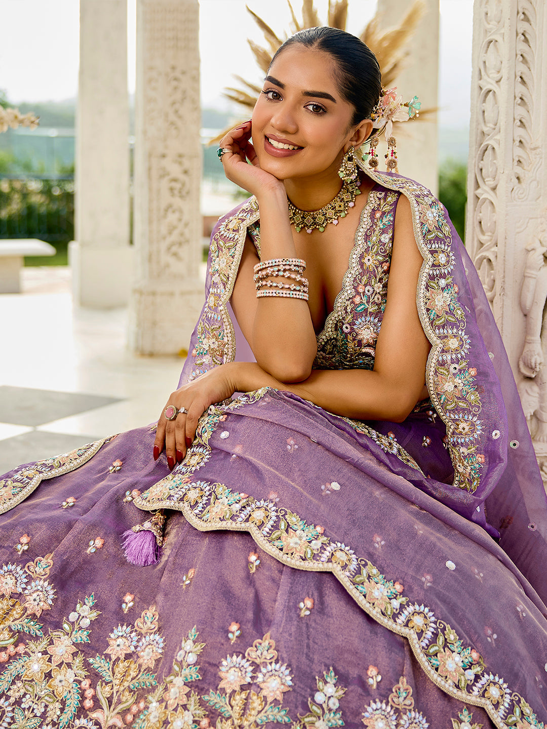 Purple - Satin Silk Fabric Sequinned Embroidered Ready to Wear Lehenga Choli & Dupatta