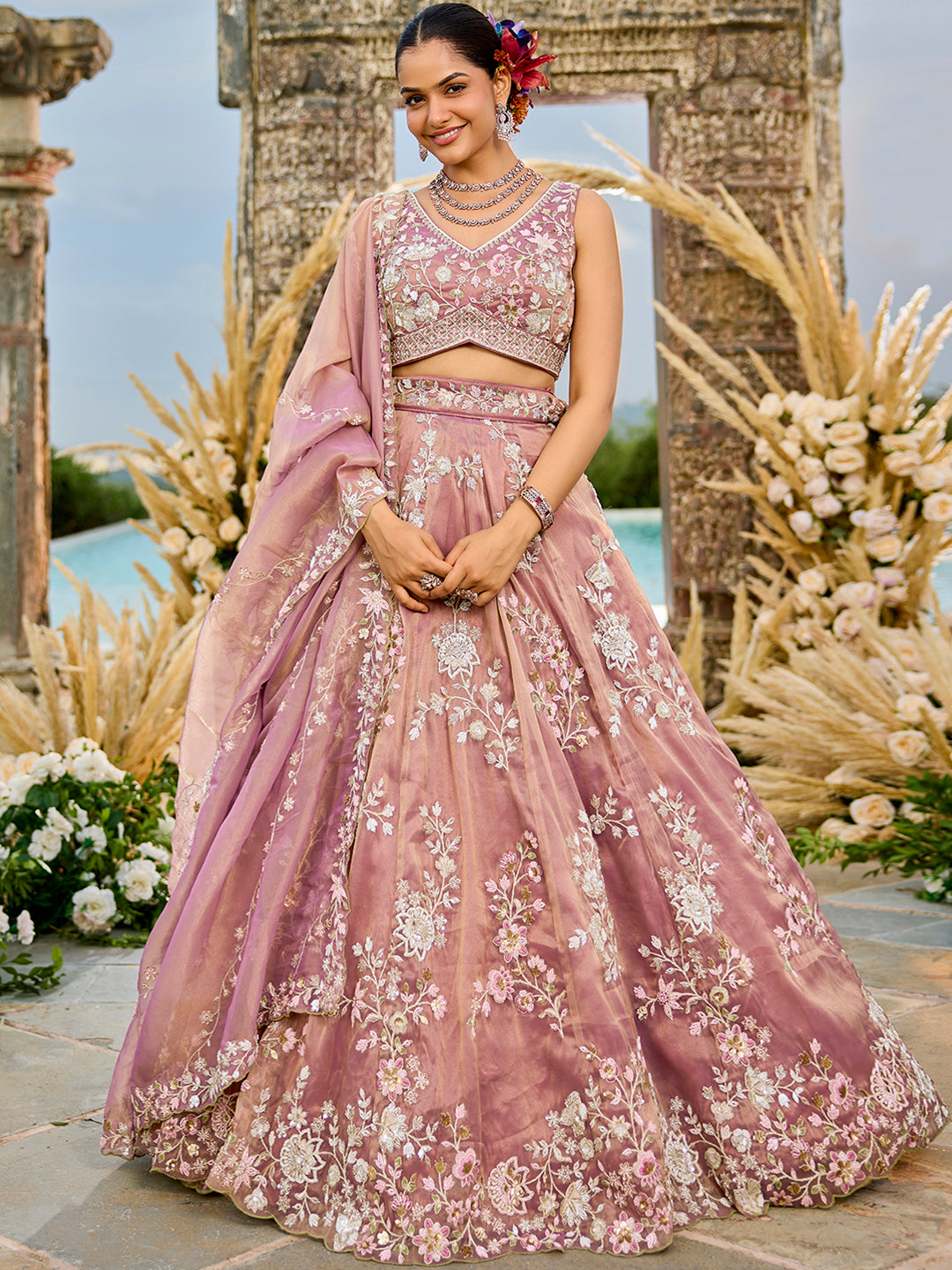 Pink Color Tissue Beads & Sequins Embroidered Semi-Stitched Lehenga set