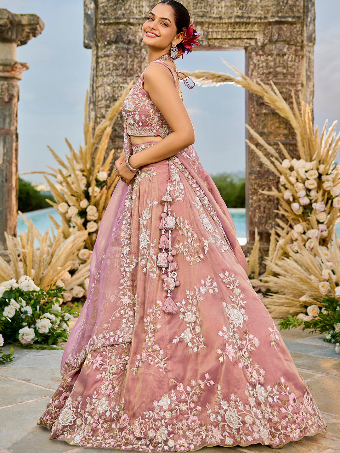 Pink Color Tissue Beads & Sequins Embroidered Lehenga set