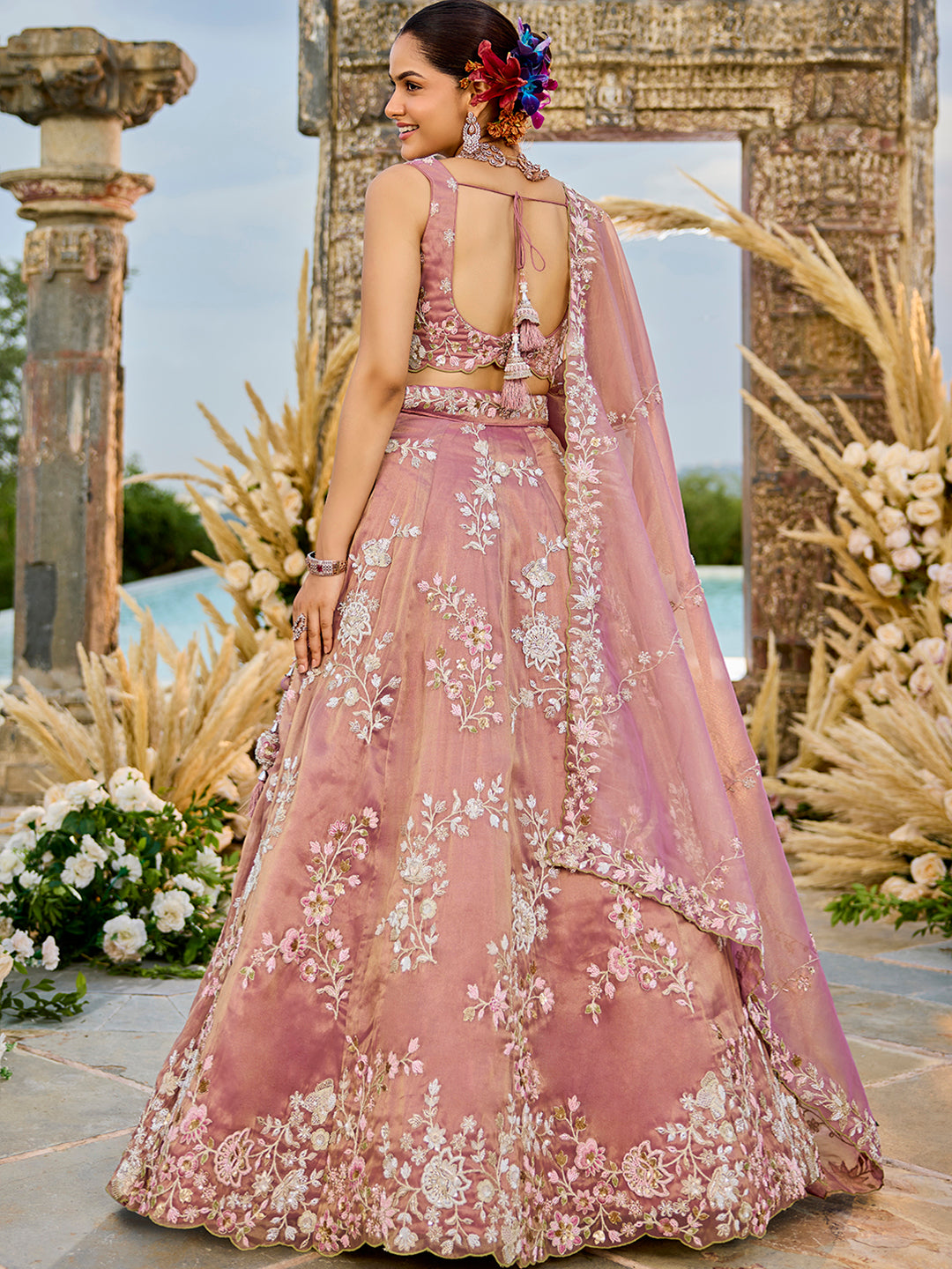 Pink Color Tissue Beads & Sequins Embroidered Lehenga set