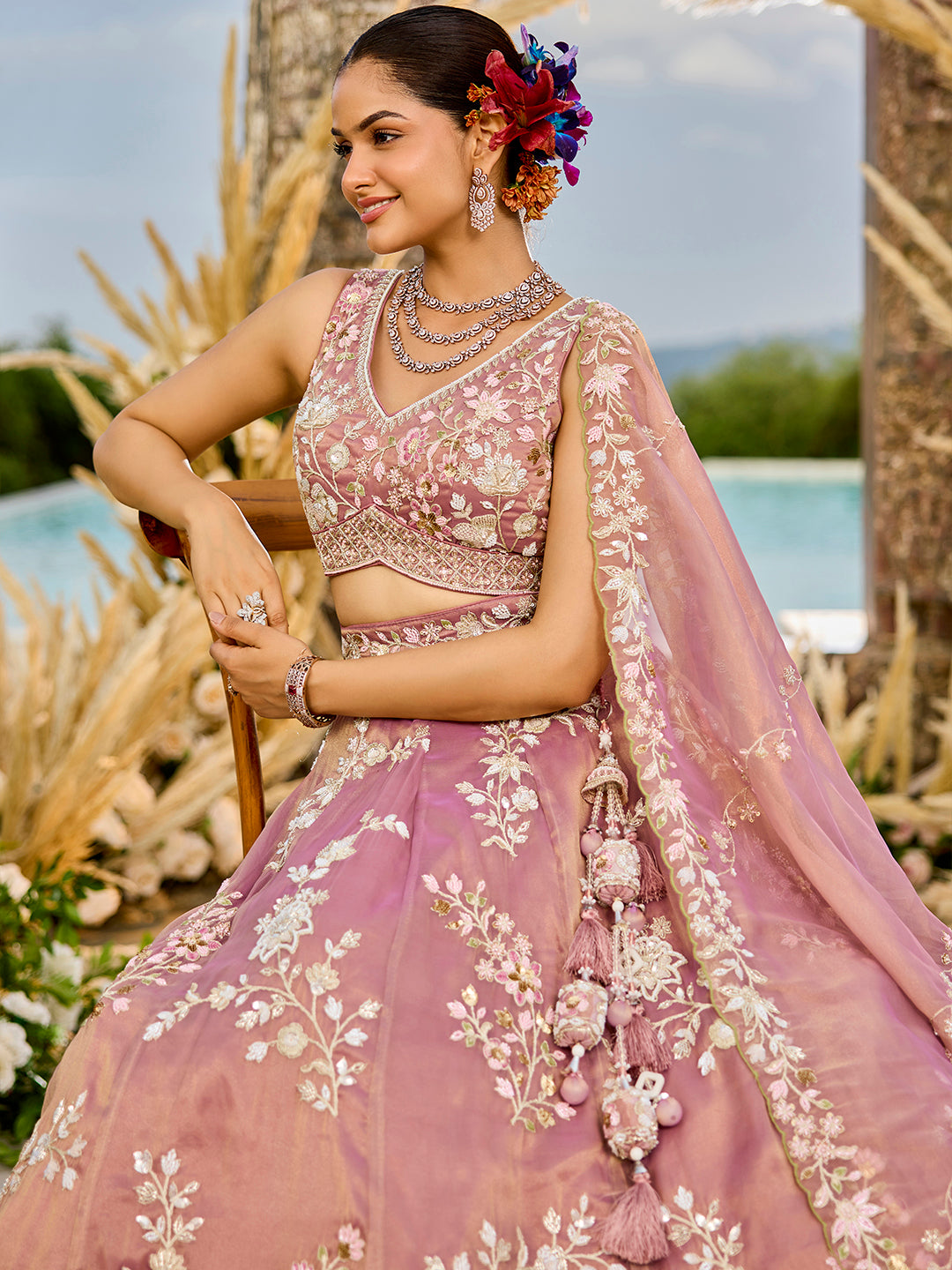 Pink Color Tissue Beads & Sequins Embroidered Lehenga set