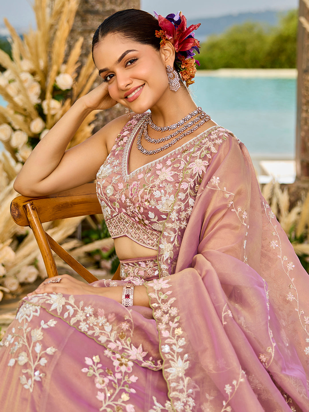 Pink Color Tissue Beads & Sequins Embroidered Lehenga set