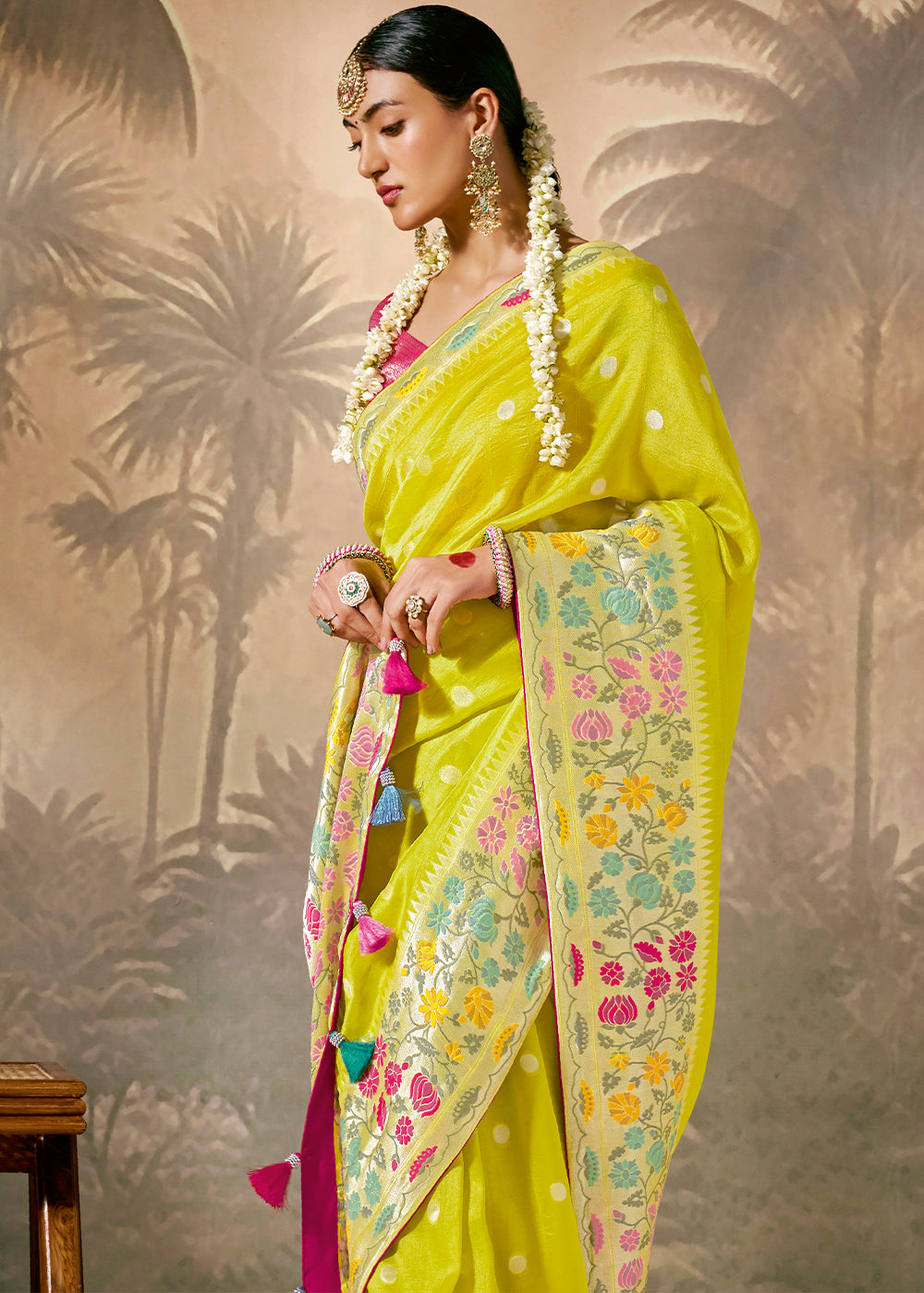 Lemon Yellow Munga Silk Saree with Zari work & Woven with Resham in Floral Motifs