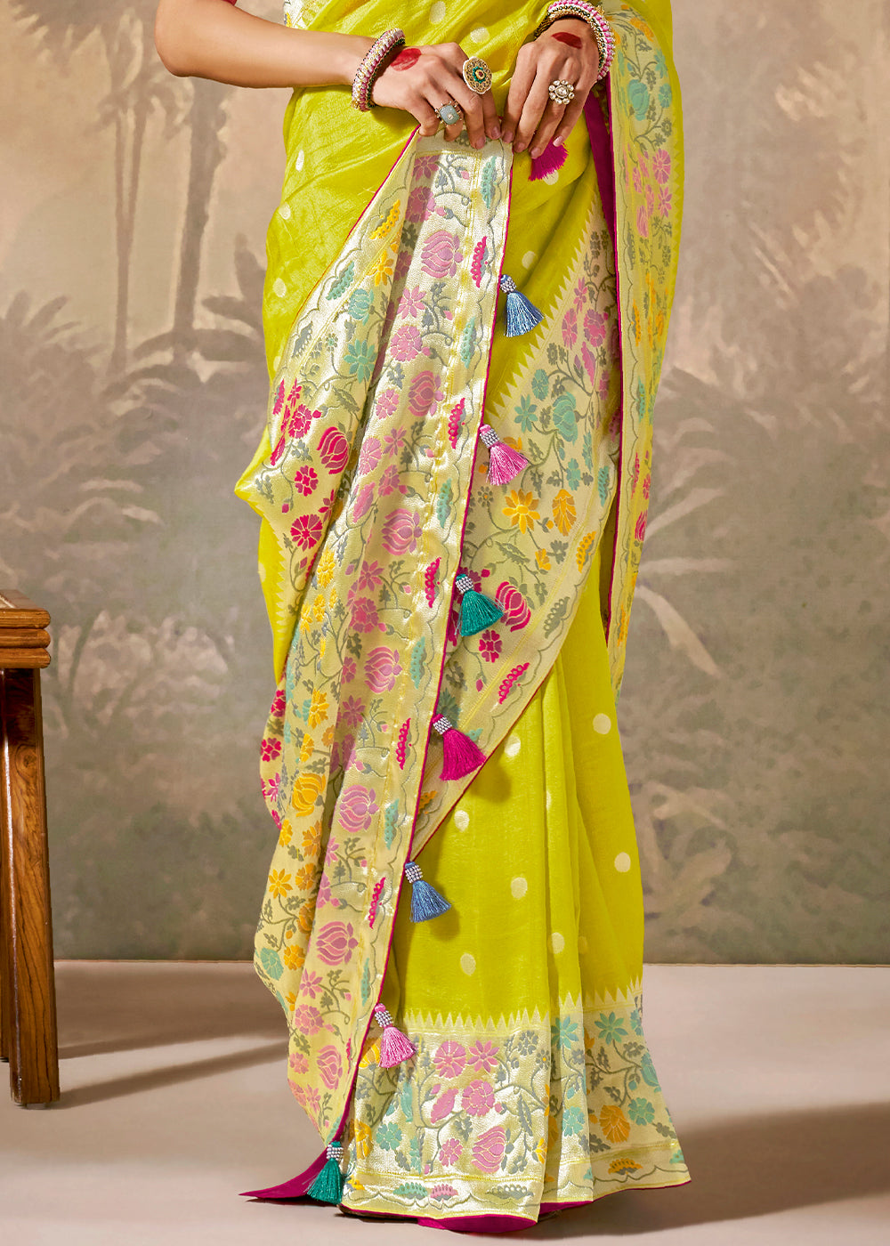 Lemon Yellow Munga Silk Saree with Zari work & Woven with Resham in Floral Motifs