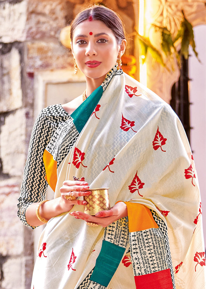 Rice White Bhagalpuri Printed Saree: Summer Edition