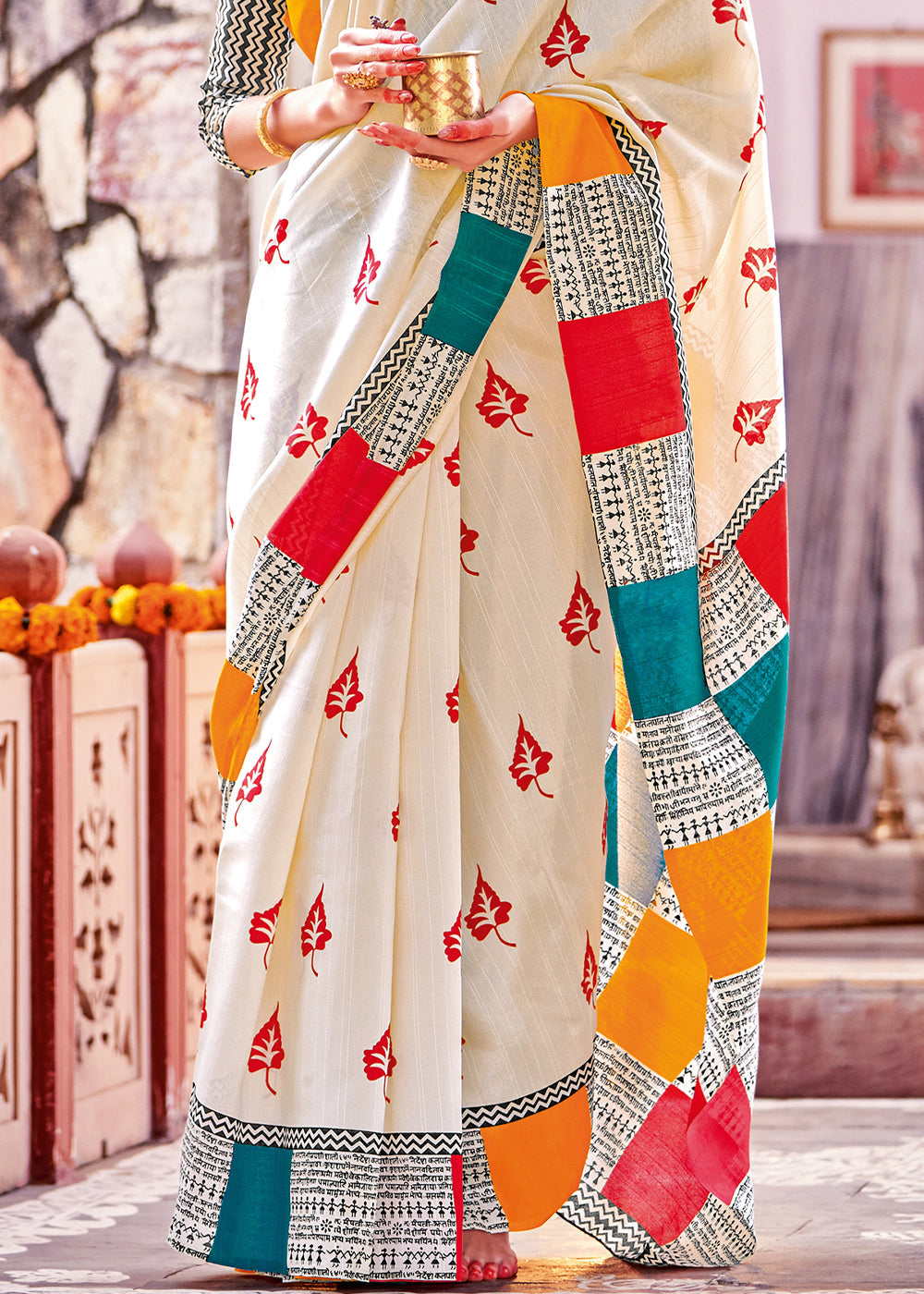 Rice White Bhagalpuri Printed Saree: Summer Edition