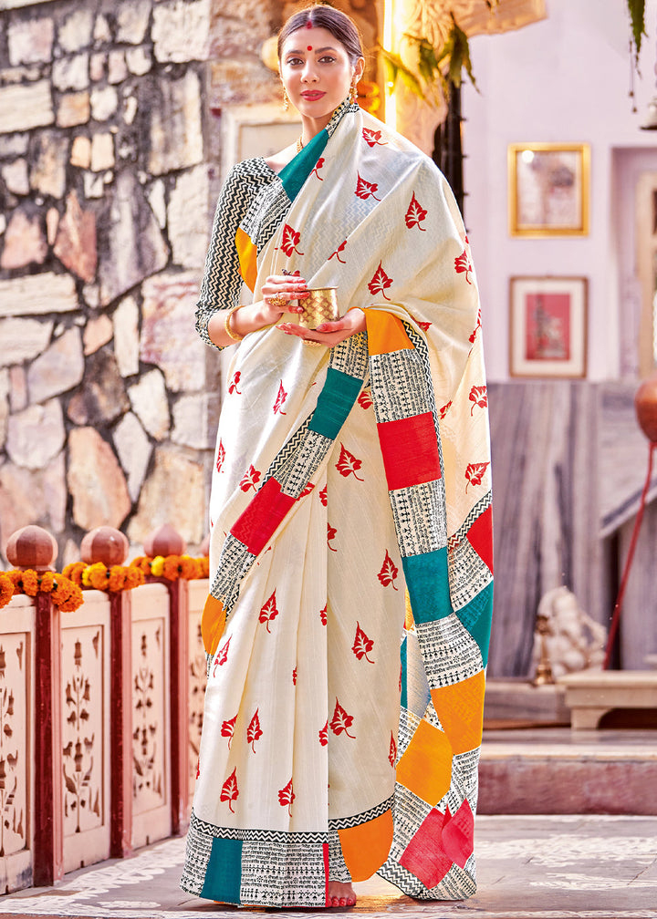 Rice White Bhagalpuri Printed Saree: Summer Edition