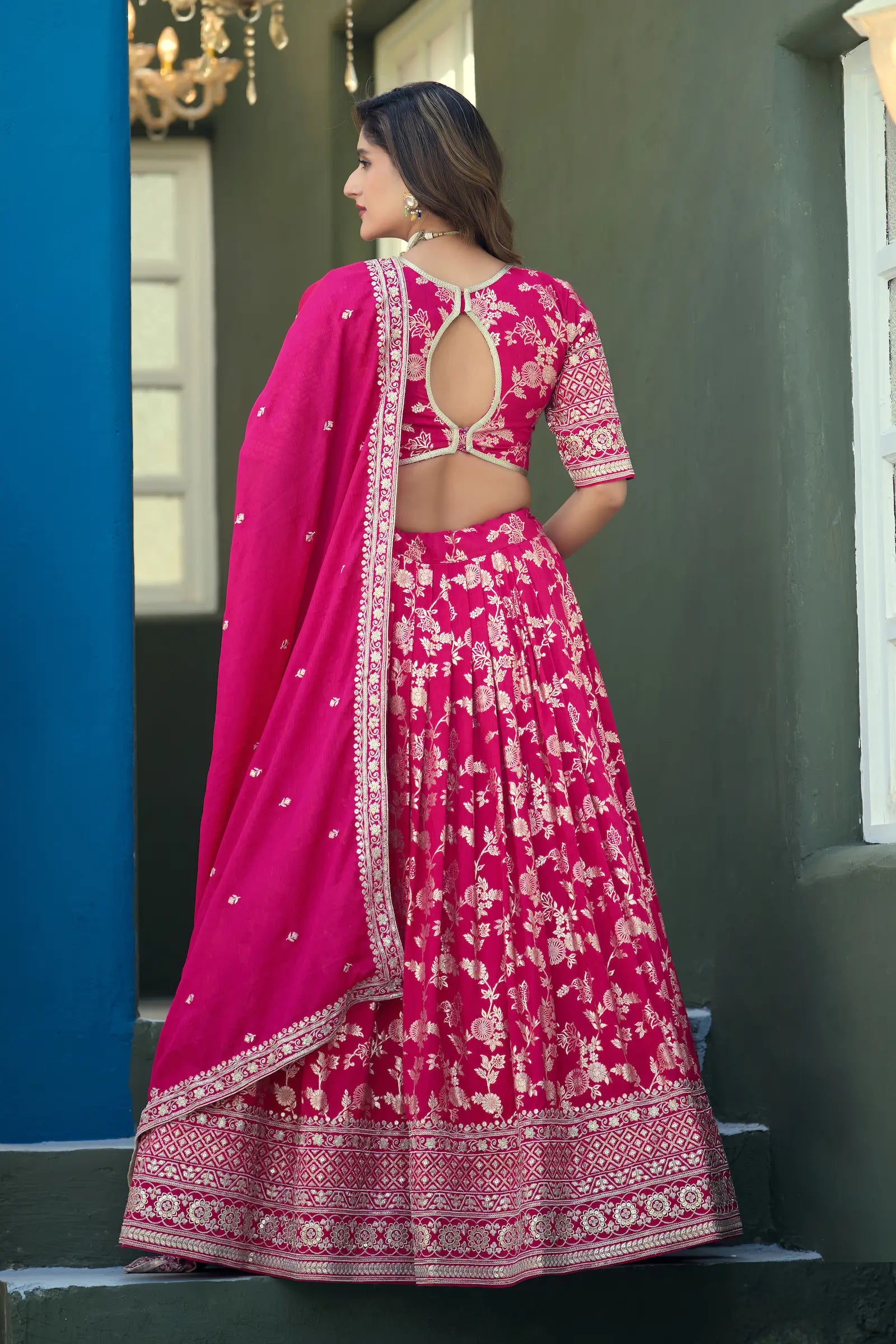 Hot Pink Dola Silk Embroidery Lehenga Choli
