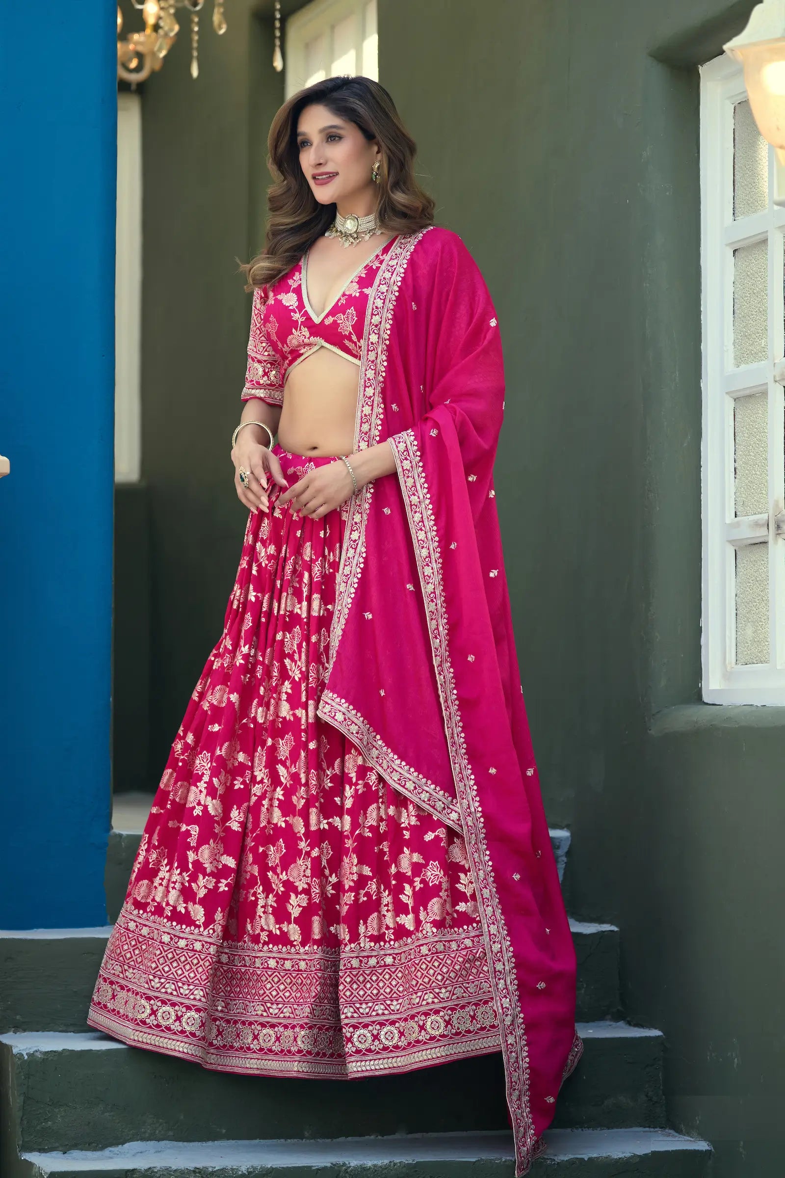 Hot Pink Dola Silk Embroidery Lehenga Choli