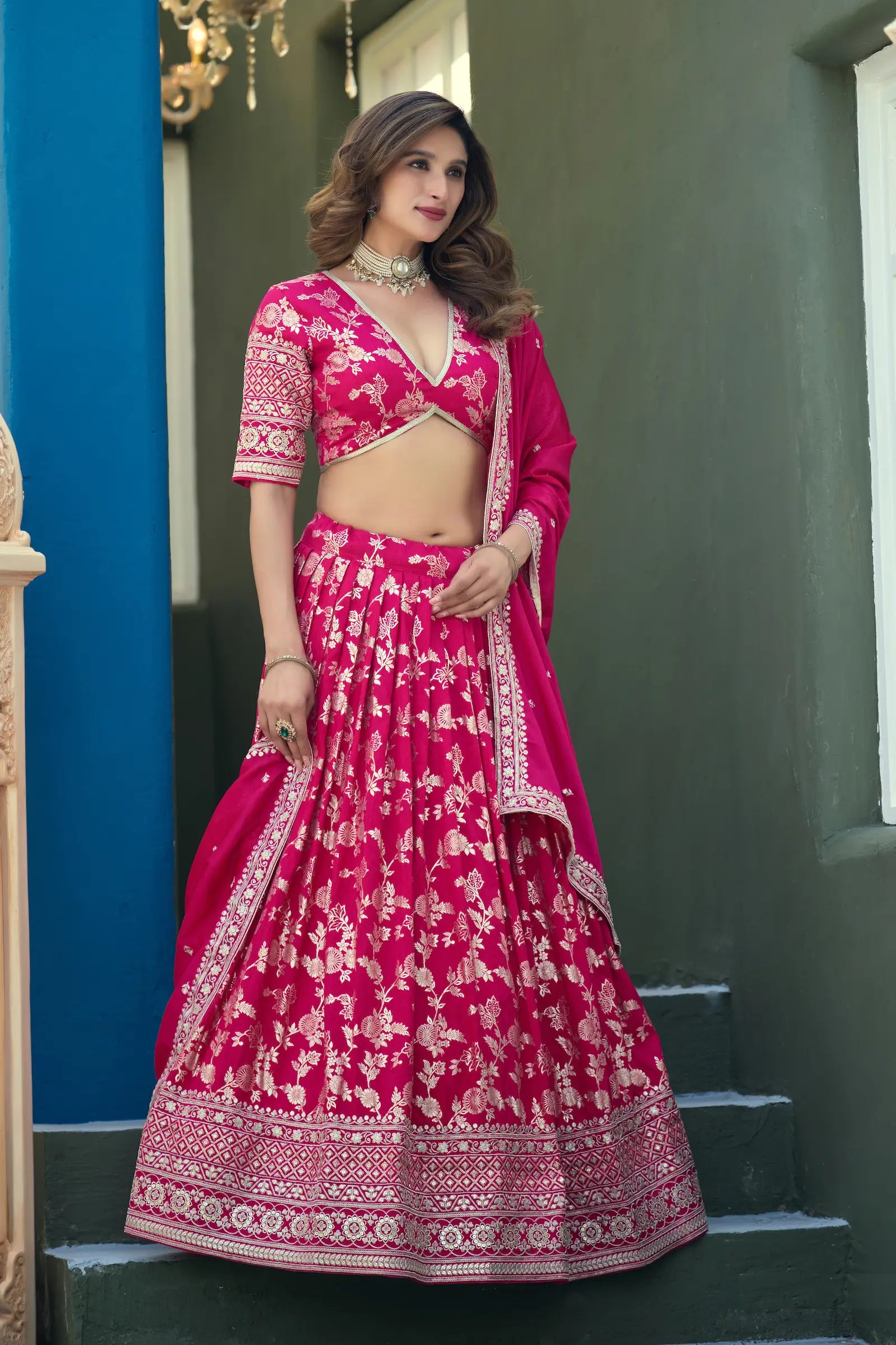 Hot Pink Dola Silk Embroidery Lehenga Choli